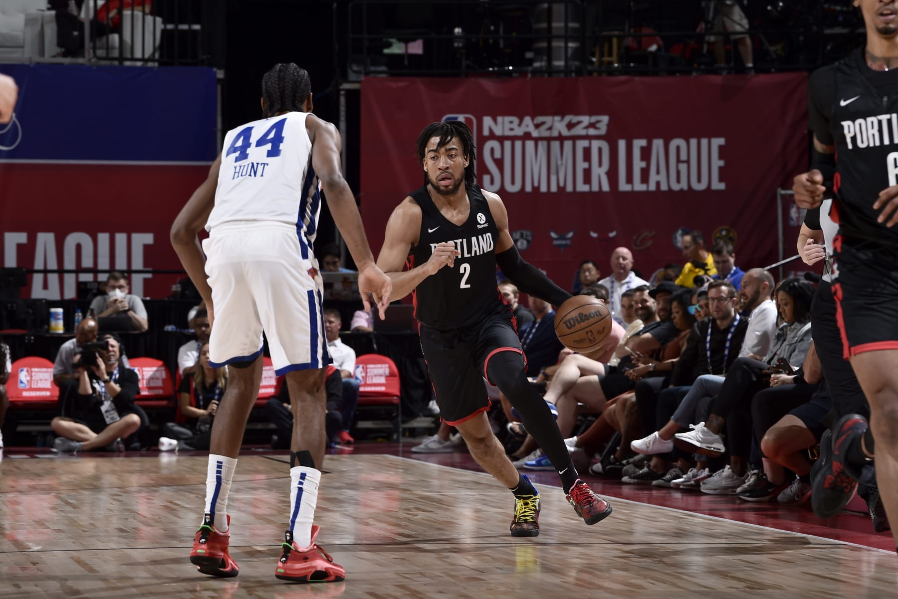 LAS VEGAS, NV - JULY 17: Trendon Watford #2 of the Portland Trail Blazers dribbles the ball during the game against the New York Knicks during the 2022 Las Vegas Summer League on July 17, 2022 at the Thomas & Mack Center in Las Vegas, Nevada NOTE TO USER: User expressly acknowledges and agrees that, by downloading and/or using this Photograph, user is consenting to the terms and conditions of the Getty Images License Agreement. Mandatory Copyright Notice: Copyright 2022 NBAE (Photo by David Dow/NBAE via Getty Images)