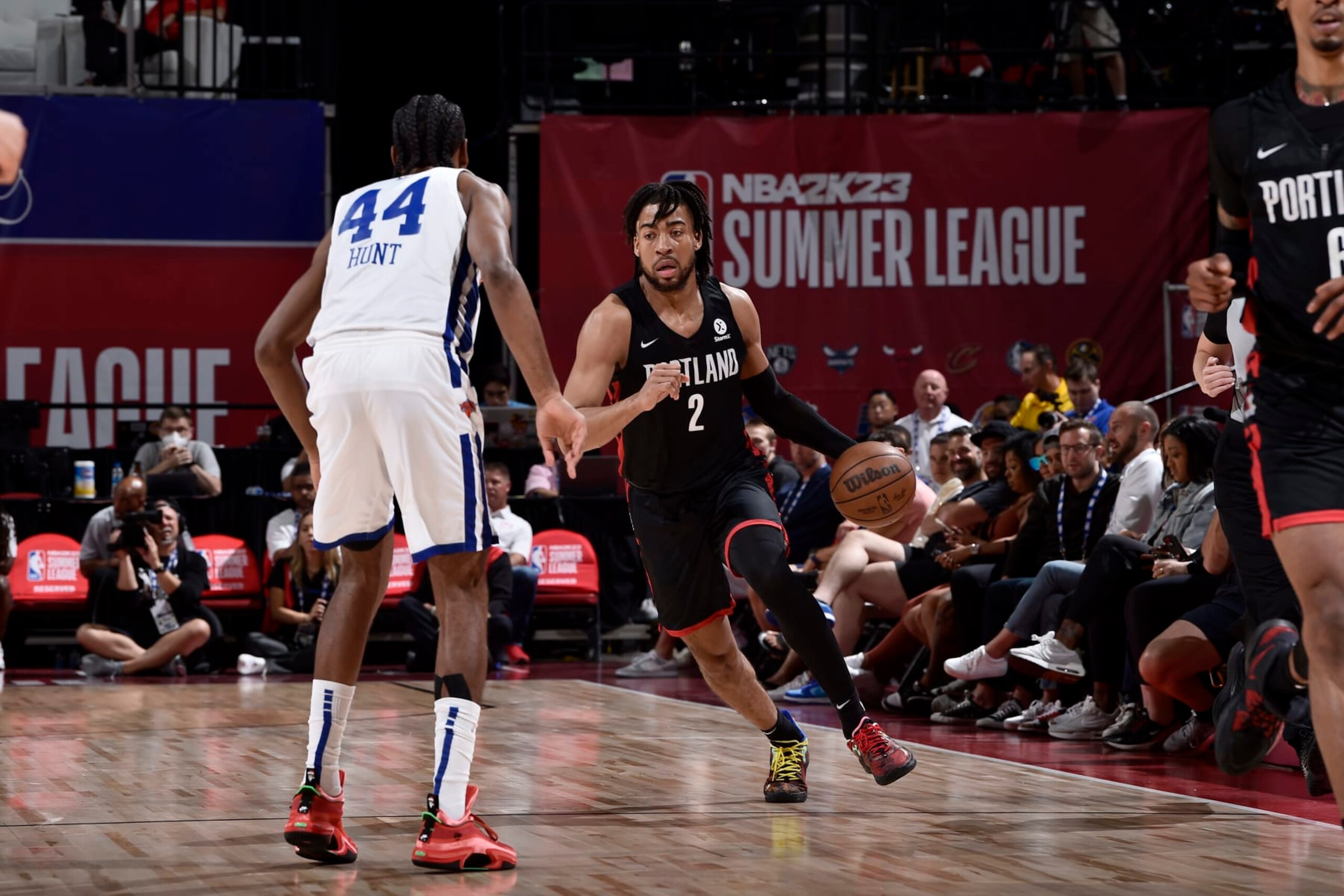 LAS VEGAS, NV - JULY 17: Trendon Watford #2 of the Portland Trail Blazers dribbles the ball during the game against the New York Knicks during the 2022 Las Vegas Summer League on July 17, 2022 at the Thomas & Mack Center in Las Vegas, Nevada NOTE TO USER: User expressly acknowledges and agrees that, by downloading and/or using this Photograph, user is consenting to the terms and conditions of the Getty Images License Agreement. Mandatory Copyright Notice: Copyright 2022 NBAE (Photo by David Dow/NBAE via Getty Images)
