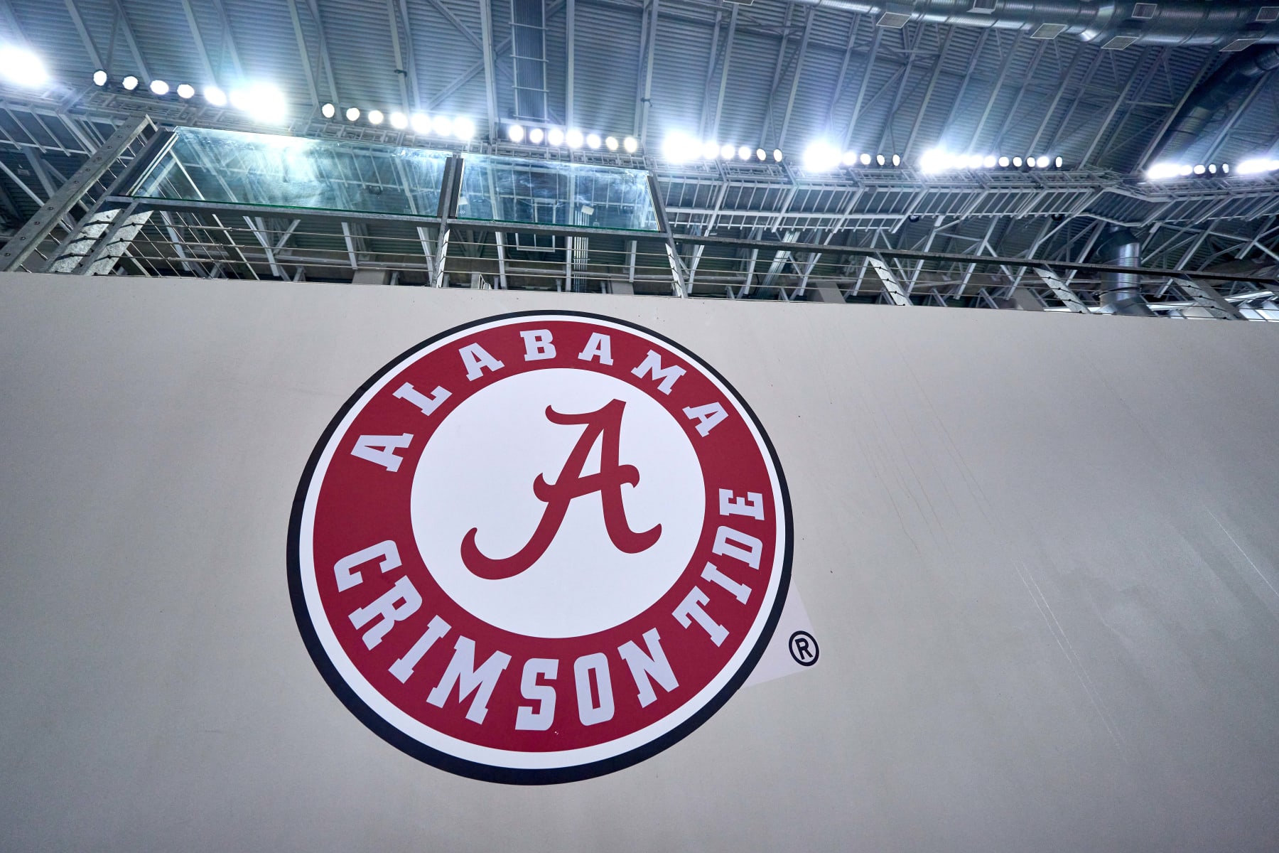 ARLINGTON, TX - DECEMBER 31: A detail view of the Alabama Crimson Tide logo is seen on a wall during the CFP Semifinal Goodyear Cotton Bowl game between the Cincinnati Bearcats and the Alabama Crimson Tide on December 31, 2021 at AT&T Stadium in Arlington, TX. (Photo by Robin Alam/Icon Sportswire via Getty Images)