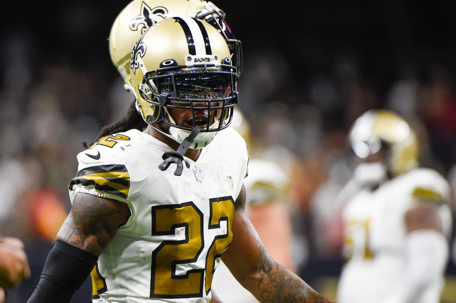 NEW ORLEANS, LA - OCTOBER 31: New Orleans Saints defensive back Chauncey Gardner-Johnson (22) following his fumble recovery in the endzone for a touchback during the football game between the Tampa Bay Buccaneers and New Orleans Saints at Caesar's Superdome on October 31, 2021 in New Orleans, LA. (Photo by Ken Murray/Icon Sportswire via Getty Images)