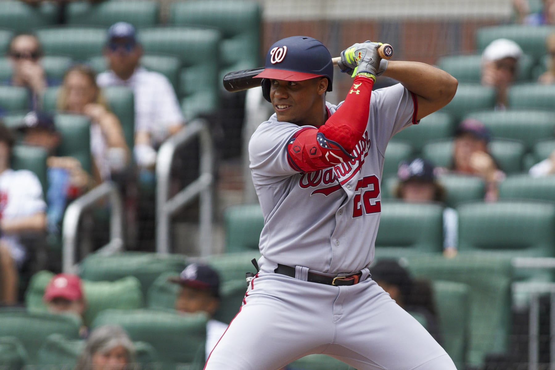 ATLANTA, GA - JULY 10: Juan Soto #22 of the Washington Nationals bats against the Atlanta Braves in the first inning at Truist Park on July 10, 2022 in Atlanta, Georgia. (Photo by Brett Davis/Getty Images) ATLANTA, GA - JULY 10: Juan Soto #22 of the Washington Nationals bats against the Atlanta Braves in the first inning at Truist Park on July 10, 2022 in Atlanta, Georgia. (Photo by Brett Davis/Getty Images)