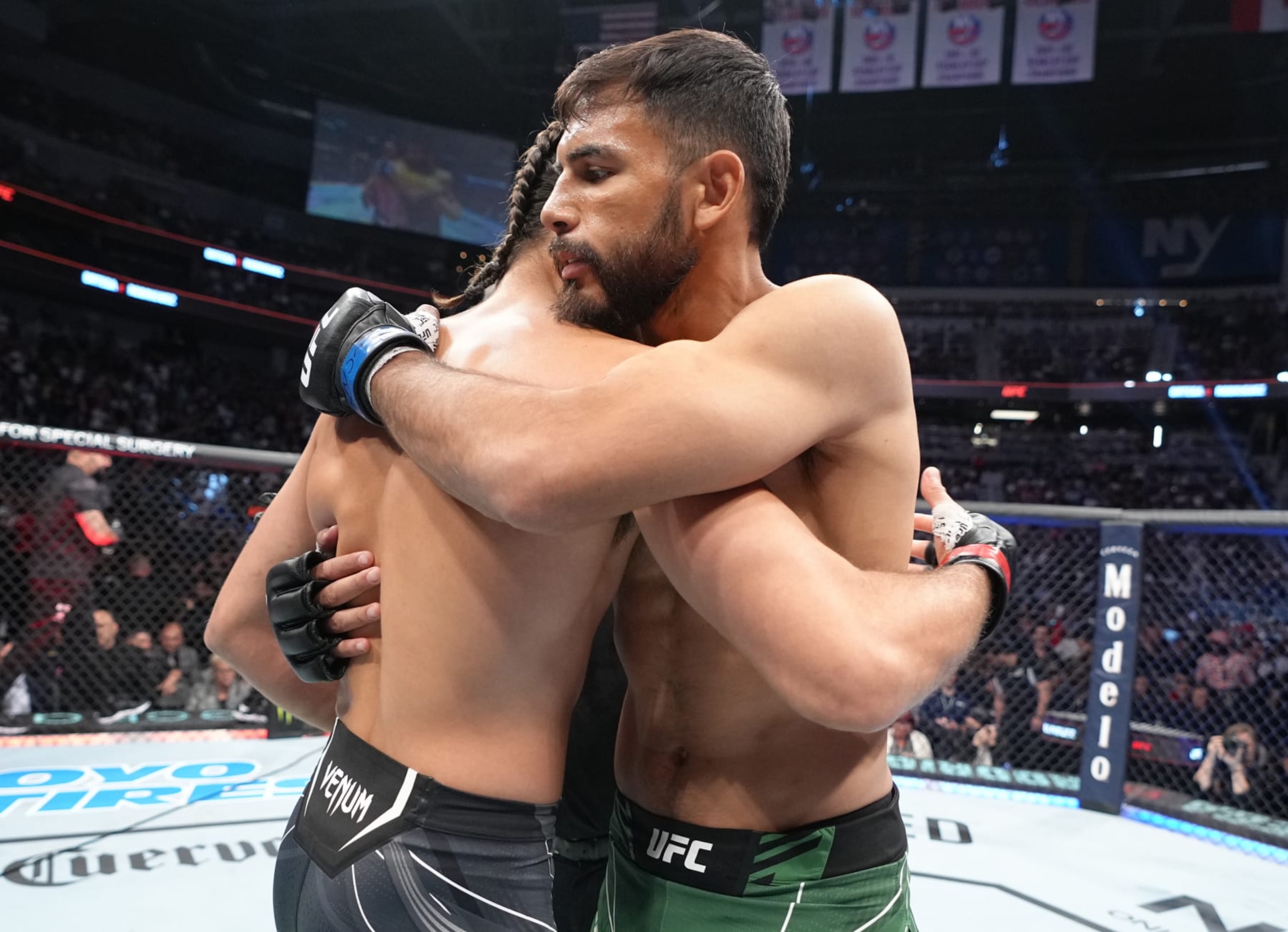 ELMONT, NEW YORK - JULY 16: (L-R) Opponents Brian Ortega and Yair Rodriguez of Mexico face off prior to their featherweight fight during the UFC Fight Night event at UBS Arena on July 16, 2022 in Elmont, New York. (Photo by Jeff Bottari/Zuffa LLC)