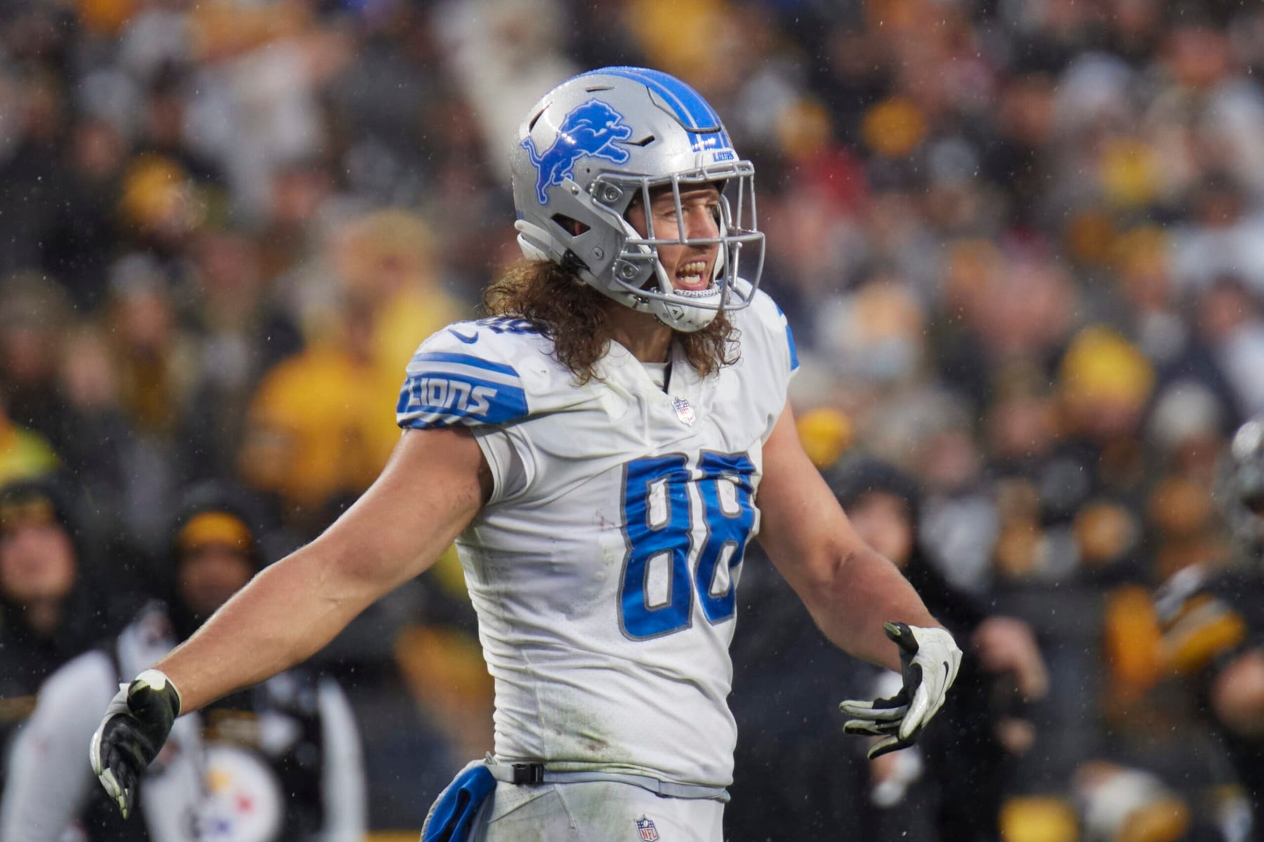PITTSBURGH, PA - NOVEMBER 14: Detroit Lions tight end T.J. Hockenson (88) reacts to a holding call during the NFL football game between the Detroit Lions and the Pittsburgh Steelers on November 14, 2021 at Heinz Field in Pittsburgh, PA. (Photo by Shelley Lipton/Icon Sportswire via Getty Images) PITTSBURGH, PA - NOVEMBER 14: Detroit Lions tight end T.J. Hockenson (88) reacts to a holding call during the NFL football game between the Detroit Lions and the Pittsburgh Steelers on November 14, 2021 at Heinz Field in Pittsburgh, PA. (Photo by Shelley Lipton/Icon Sportswire via Getty Images)