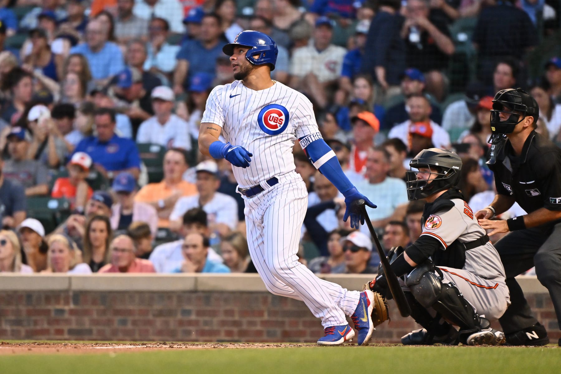 CHICAGO, IL - JULY 12:  Willson Contreras #40 of the Chicago Cubs bats against the Baltimore Orioles at Wrigley Field on July 12, 2022 in Chicago, Illinois.  (Photo by Jamie Sabau/Getty Images)
