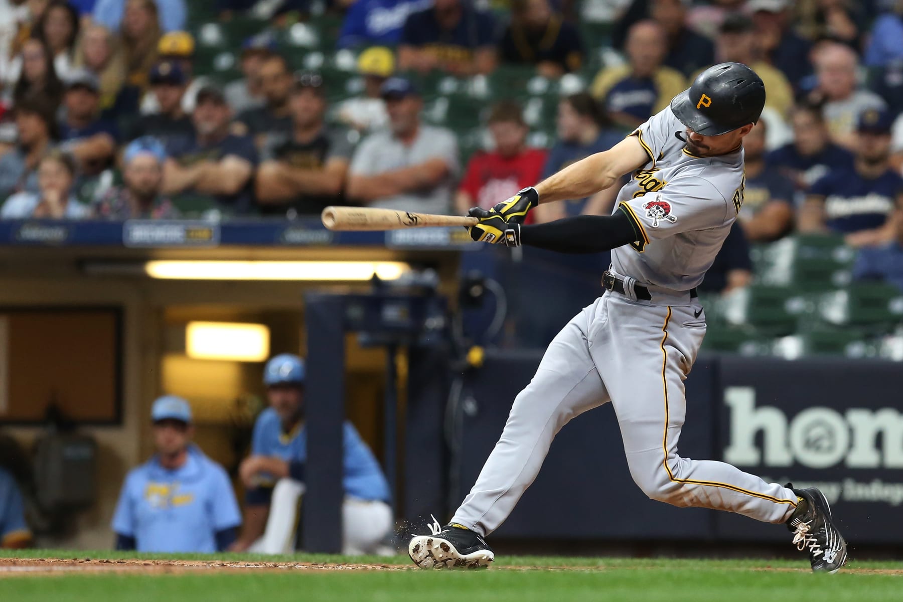 MILWAUKEE, WI - JULY 08: Pittsburgh Pirates center fielder Bryan Reynolds (10) gets a hit during a game between the Milwaukee Brewers and the Pittsburgh Pirates at American Family Field on July 8, 2022 in Milwaukee, WI. (Photo by Larry Radloff/Icon Sportswire via Getty Images)