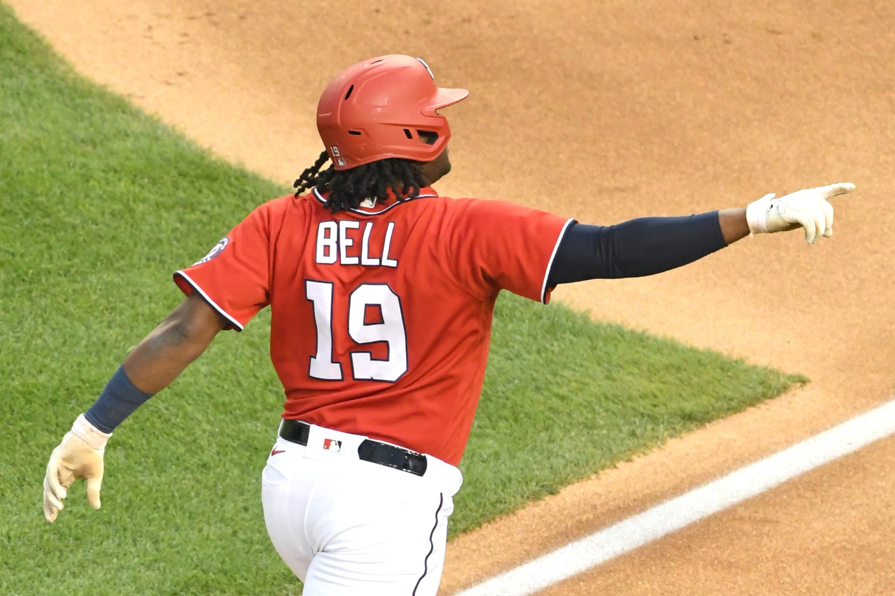 WASHINGTON, DC - JULY 14:  Josh Bell #19 of the Washington Nationals celebrates a solo home run in the first inning during a baseball game against the Atlanta Braves at Nationals Park on July 14, 2022 in Washington, DC.  (Photo by Mitchell Layton/Getty Images)