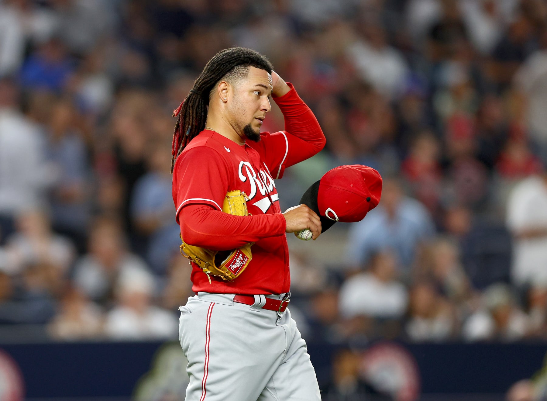 NEW YORK, NEW YORK - JULY 14:  Luis Castillo #58 of the Cincinnati Reds reacts in the sixth inning against the New York Yankees at Yankee Stadium on July 14, 2022 in the Bronx borough of New York City. (Photo by Elsa/Getty Images)