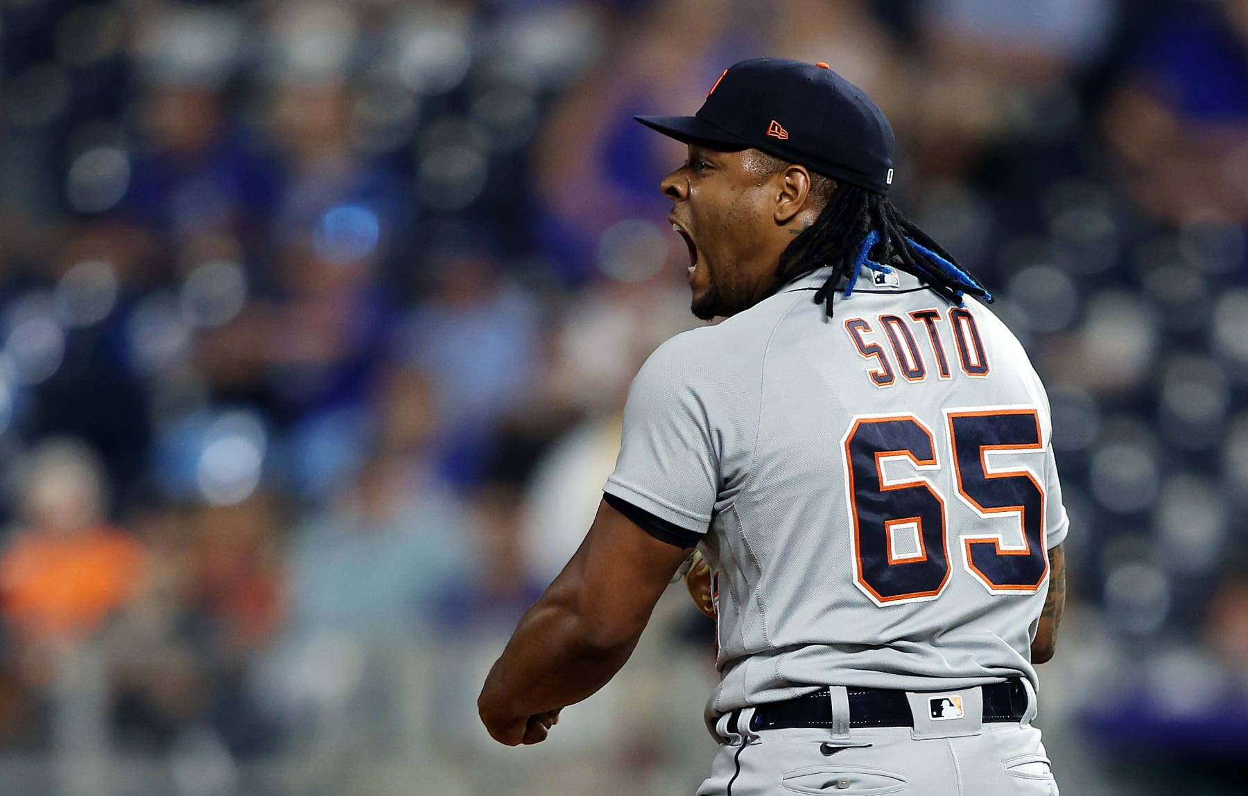 KANSAS CITY, MISSOURI - JULY 12:  Gregory Soto #65 of the Detroit Tigers reacts at the final out as the Tigers defeat the Kansas City Royals 7-5 to win the game at Kauffman Stadium on July 12, 2022 in Kansas City, Missouri. (Photo by Jamie Squire/Getty Images)