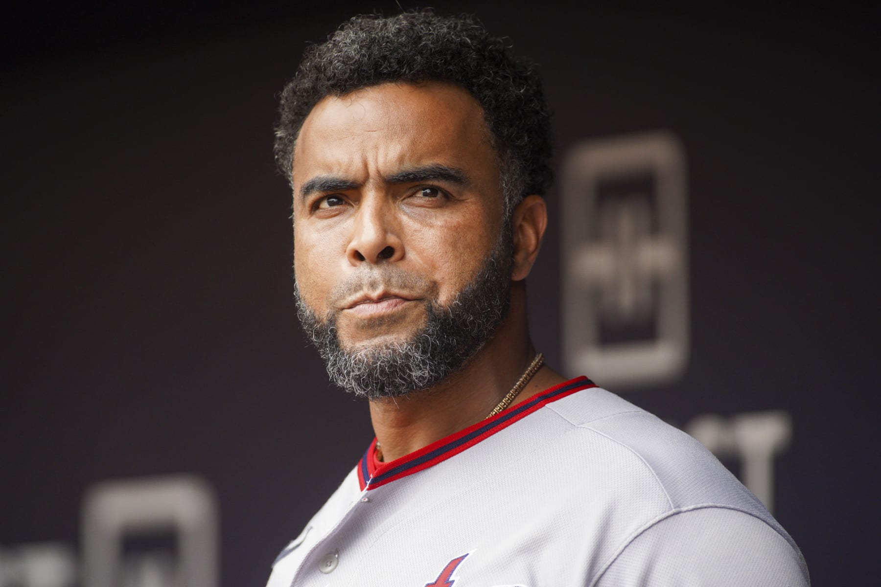 ATLANTA, GA - JULY 10: Nelson Cruz #23 of the Washington Nationals in the dugout against the Atlanta Braves in the second inning at Truist Park on July 10, 2022 in Atlanta, Georgia. (Photo by Brett Davis/Getty Images)