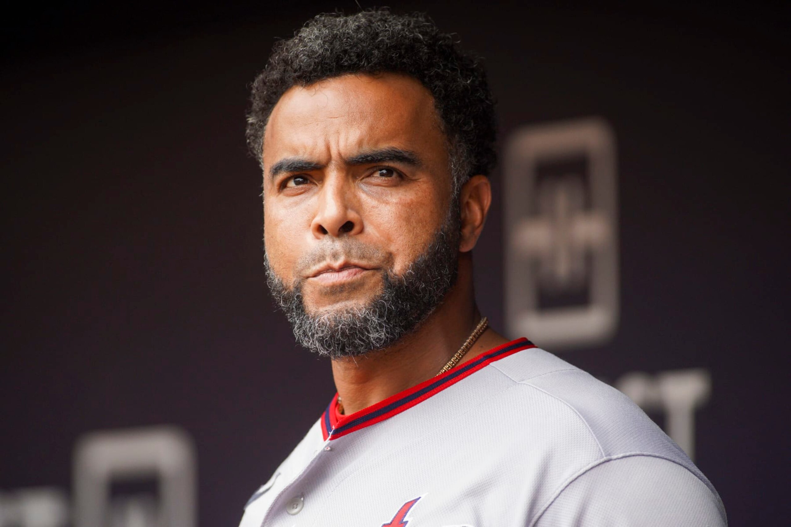 ATLANTA, GA - JULY 10: Nelson Cruz #23 of the Washington Nationals in the dugout against the Atlanta Braves in the second inning at Truist Park on July 10, 2022 in Atlanta, Georgia. (Photo by Brett Davis/Getty Images)