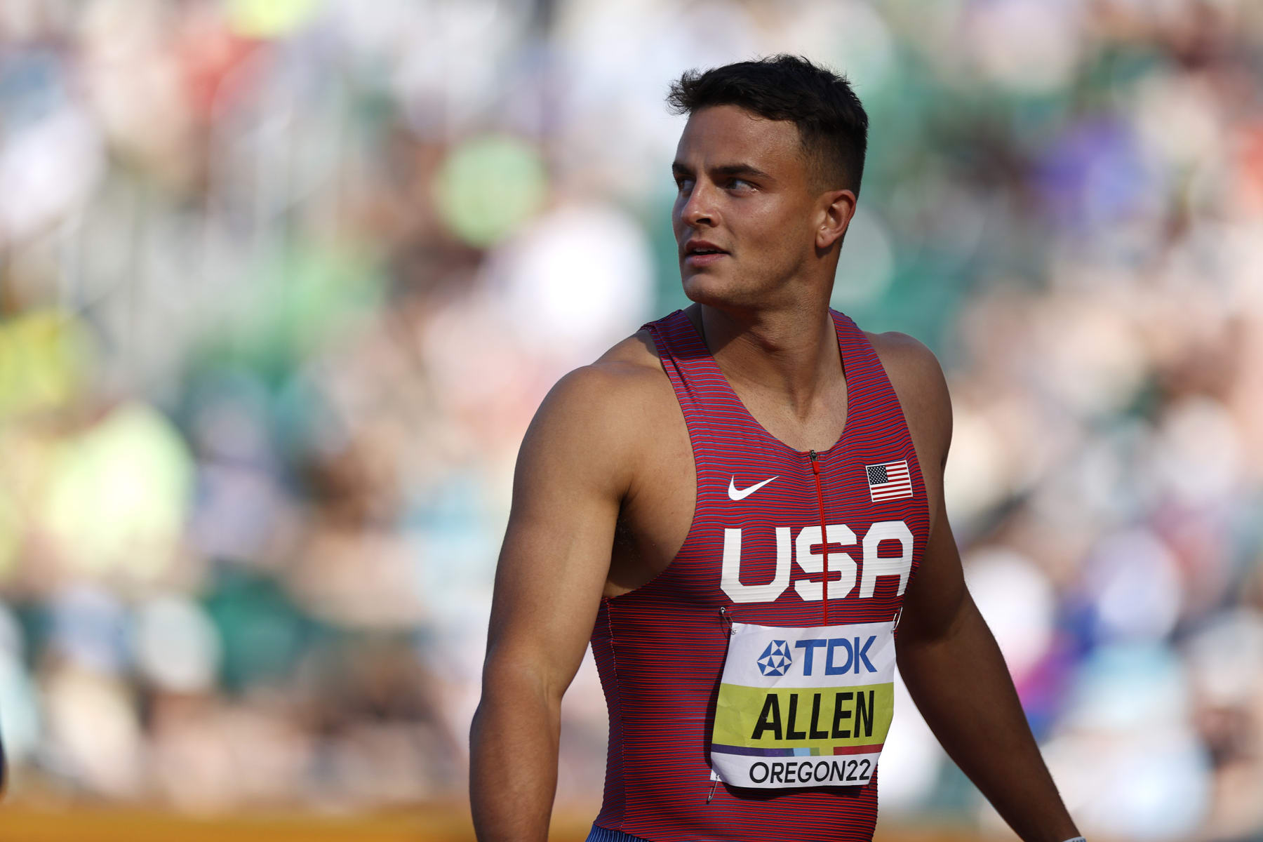 EUGENE, OREGON - JULY 17: Devon Allen of Team United States reacts after competing in the Men's 110m Hurdles Semi-Final on day three of the World Athletics Championships Oregon22 at Hayward Field on July 17, 2022 in Eugene, Oregon. (Photo by Steph Chambers/Getty Images)