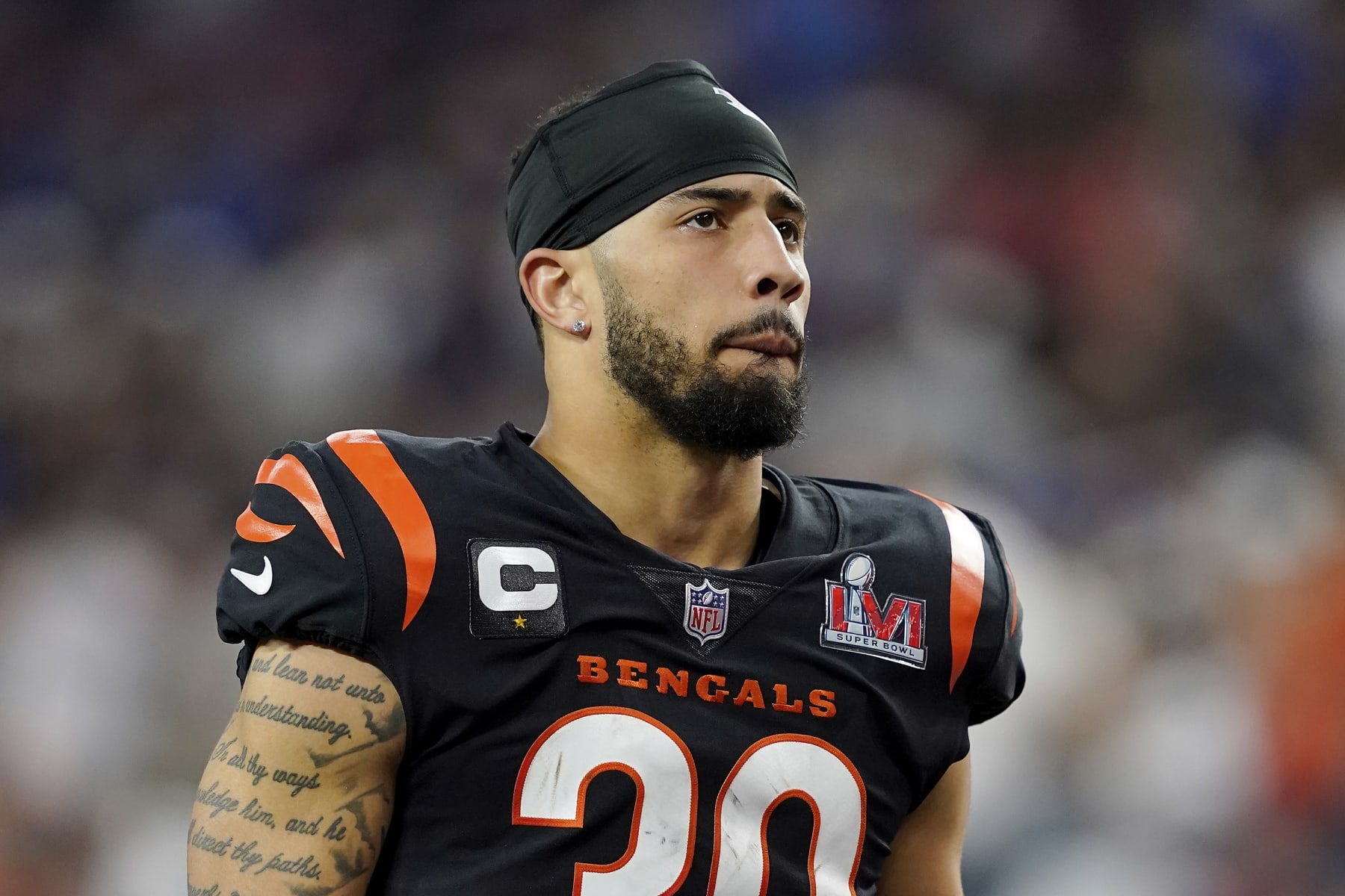 FILE - Cincinnati Bengals free safety Jessie Bates (30) walks on the field before the second half of the NFL Super Bowl 56 football game against the Los Angeles Rams Sunday, Feb. 13, 2022, in Inglewood, Calif. The Cincinnati Bengals on Monday, March 7, 2022, placed the franchise tag on safety Jessie Bates III, keeping him with the team for the 2022 season.(AP Photo/Steve Luciano, File)