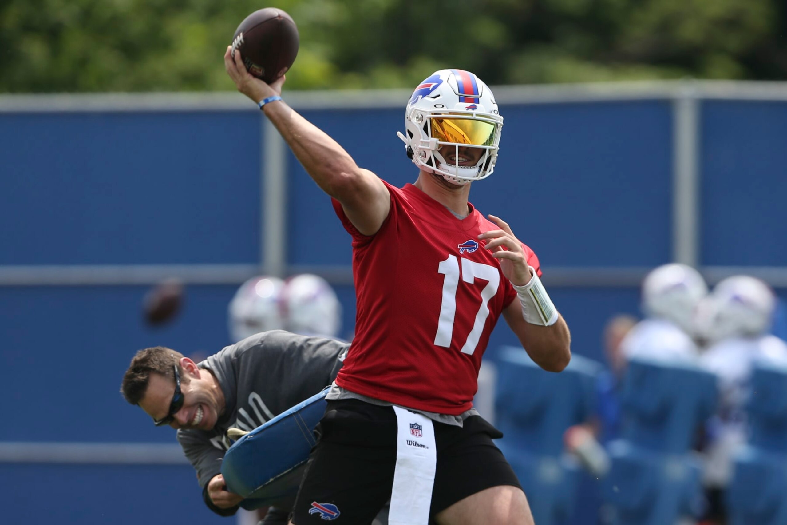ORCHARD PARK, NEW YORK - JUNE 15: Josh Allen #17 of the Buffalo Bills throws during Bills mini camp on June 15, 2022 in Orchard Park, New York. (Photo by Joshua Bessex/Getty Images)