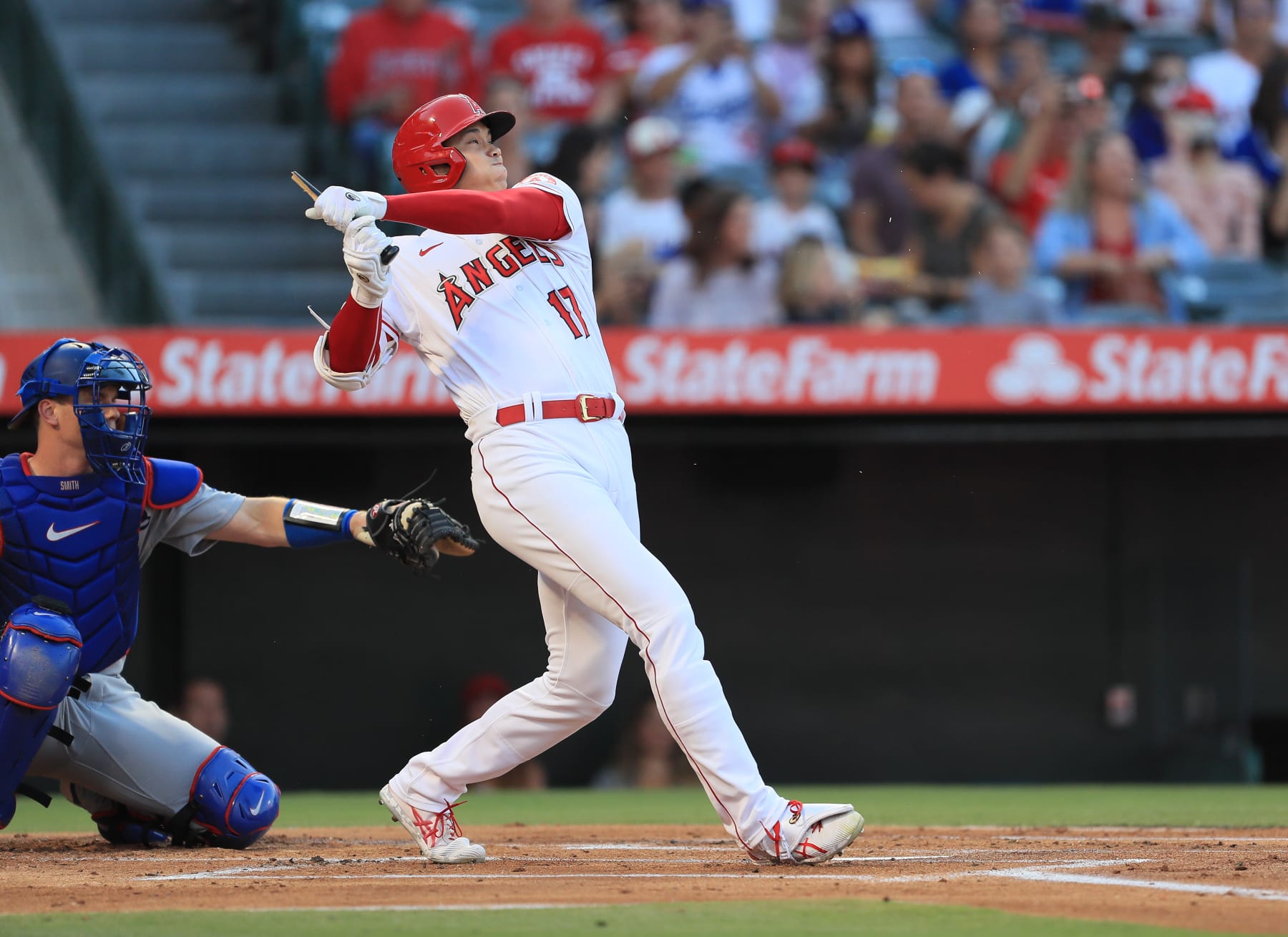 ANAHEIM, CALIFORNIA - JULY 16: Shohei Ohtani #17 the Los Angeles Angels breaks his bat hitting the ball against the Los Angeles Dodgers in the 1st inning at Angel Stadium of Anaheim on July 16, 2022 in Anaheim, California. (Photo by Kent Horner/Getty Images)