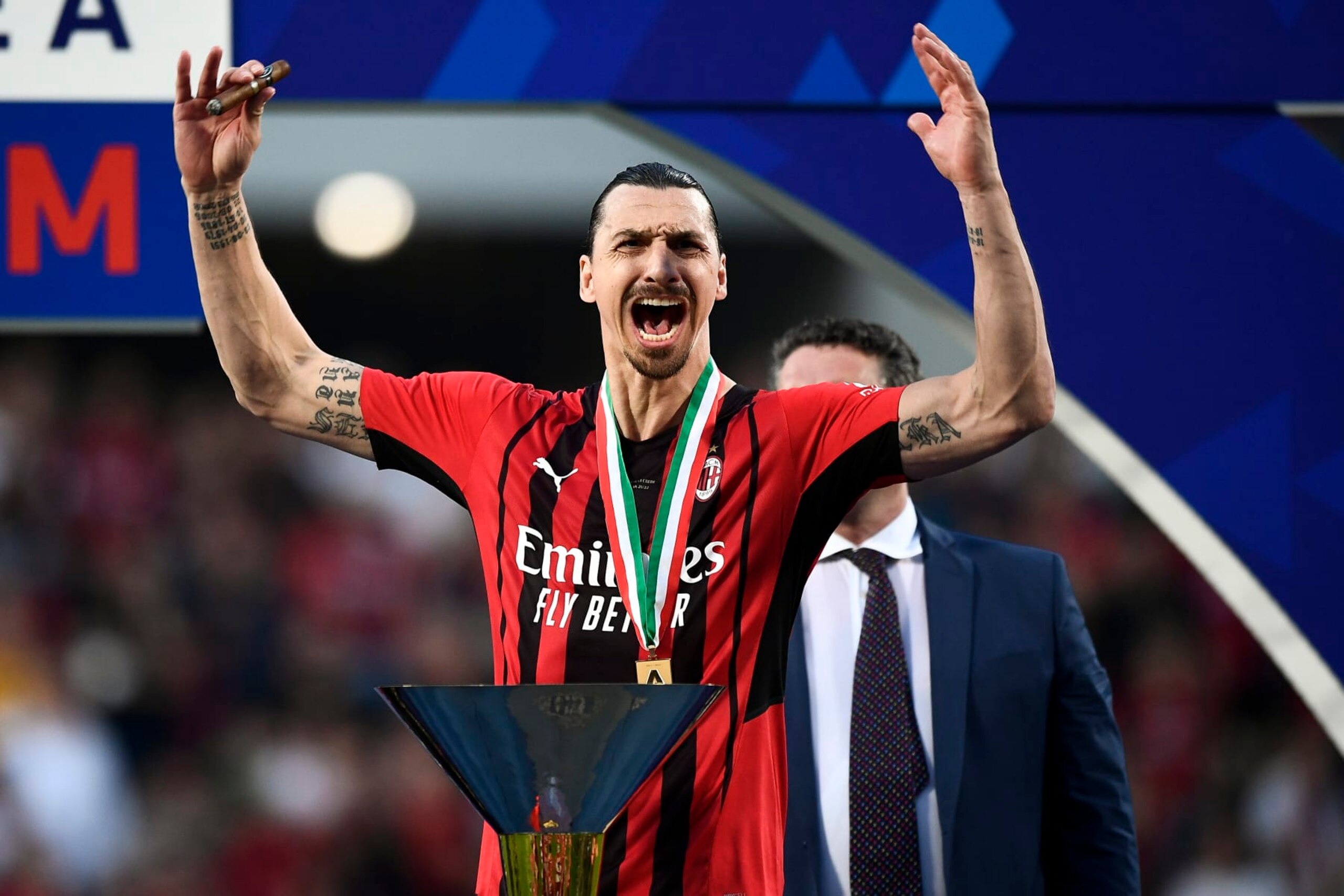 MAPEI STADIUM, REGGIO EMILIA, ITALY - 2022/05/22: Zlatan Ibrahimovic of AC Milan celebrates during the award ceremony following the Serie A football match between US Sassuolo and AC Milan. AC Milan won 3-0 over US Sassuolo securing the Scudetto championship (Serie A title). (Photo by Nicolò Campo/LightRocket via Getty Images) MAPEI STADIUM, REGGIO EMILIA, ITALY - 2022/05/22: Zlatan Ibrahimovic of AC Milan celebrates during the award ceremony following the Serie A football match between US Sassuolo and AC Milan. AC Milan won 3-0 over US Sassuolo securing the Scudetto championship (Serie A title). (Photo by Nicolò Campo/LightRocket via Getty Images)
