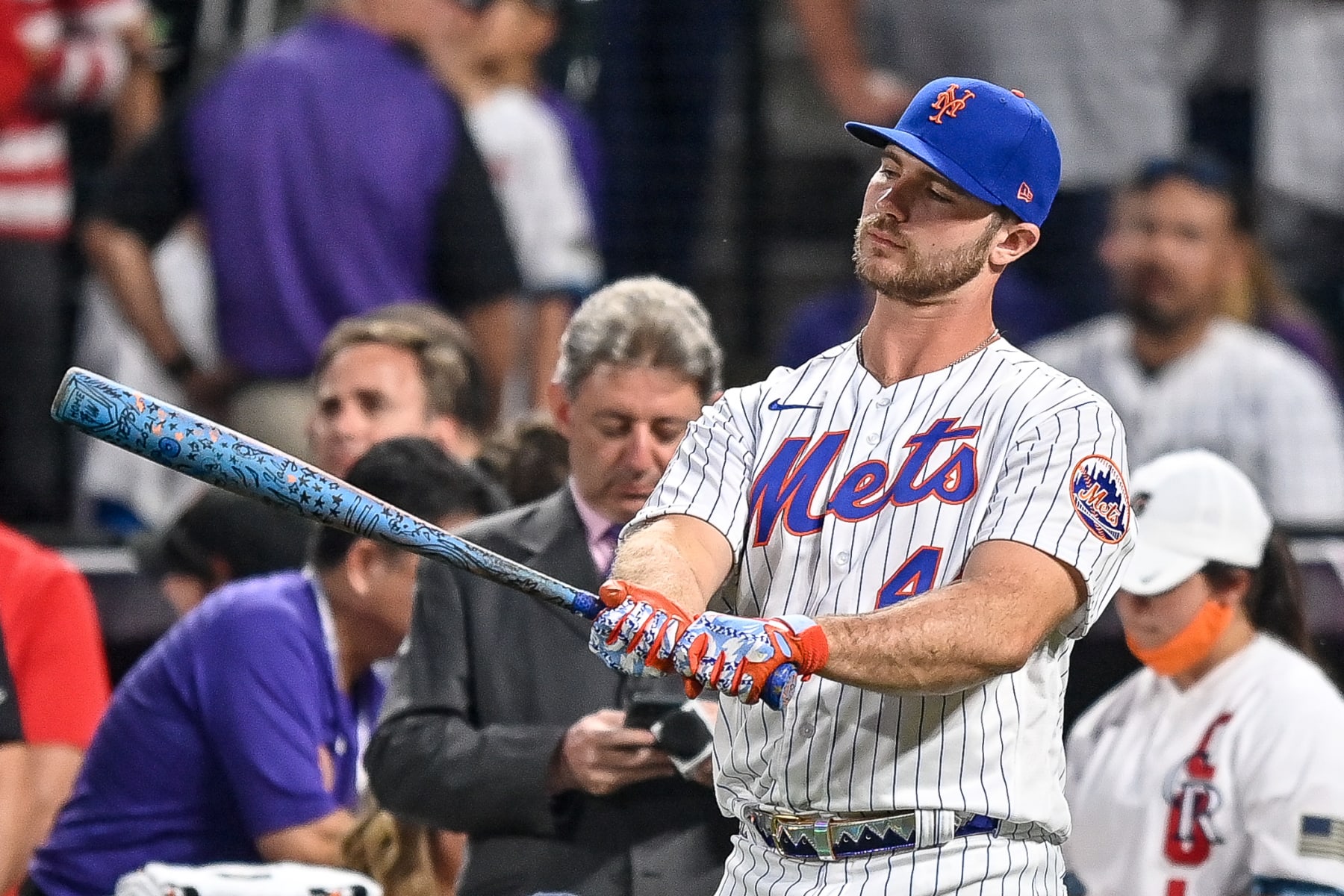 DENVER, CO - JULY 12: Pete Alonso of the New York Mets participates in the final round during the 2021 T-Mobile Home Run Derby at Coors Field on July 12, 2021 in Denver, Colorado.(Photo by Dustin Bradford/Getty Images)