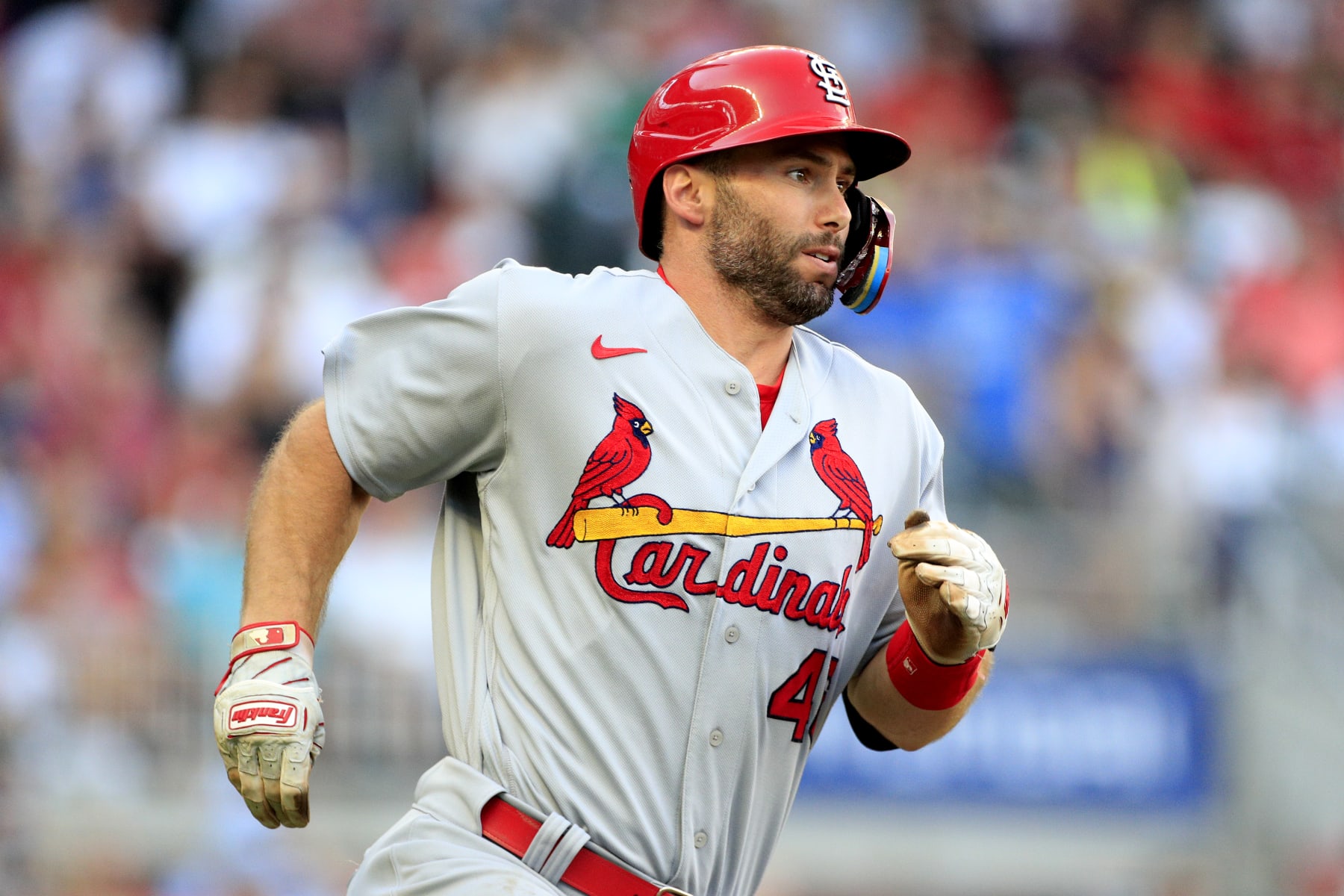 ATLANTA, GA - JULY 05: Paul Goldschmidt (46) first baseman of the St. Louis Cardinals runs to first base during the MLB game between the St.Louis Cardinals and the Atlanta Braves on July 6, 2022 at Truist Park in Atlanta, GA. (Photo by Jeff Robinson/Icon Sportswire via Getty Images)