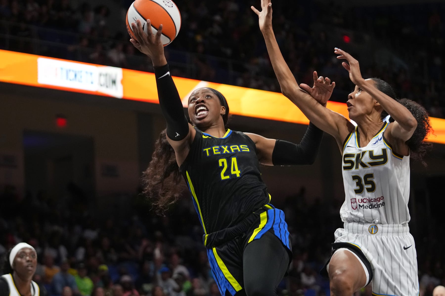 ARLINGTON, TX - JULY 16: Arike Ogunbowale #24 of the Dallas Wings shoots the ball during the game against the Chicago Sky on July 16, 2022 at the College Park Center in Arlington, Texas. NOTE TO USER: User expressly acknowledges and agrees that, by downloading and or using this photograph, User is consenting to the terms and conditions of the Getty Images License Agreement. Mandatory Copyright Notice: Copyright 2022 NBAE (Photo by Cooper Neill/NBAE via Getty Images)