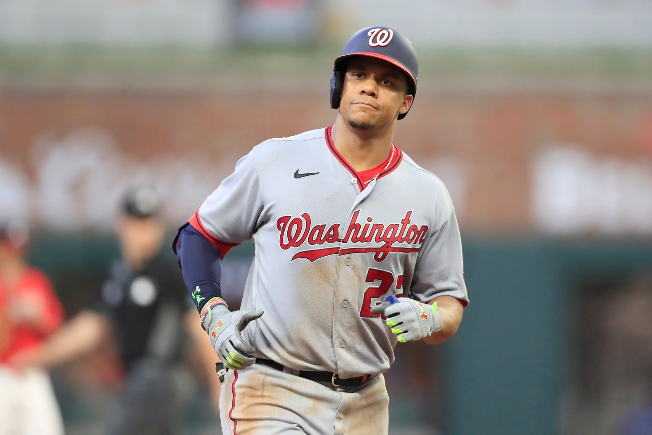 ATLANTA, GA - JULY 08: Washington Nationals right fielder Juan Soto (22) circles the bases after hitting a home run during the Friday evening MLB game between the Washington Nationals and the Atlanta Braves on July 8, 2022 at Truist Park in Atlanta, Georgia. (Photo by David J. Griffin/Icon Sportswire via Getty Images) ATLANTA, GA - JULY 08: Washington Nationals right fielder Juan Soto (22) circles the bases after hitting a home run during the Friday evening MLB game between the Washington Nationals and the Atlanta Braves on July 8, 2022 at Truist Park in Atlanta, Georgia. (Photo by David J. Griffin/Icon Sportswire via Getty Images)