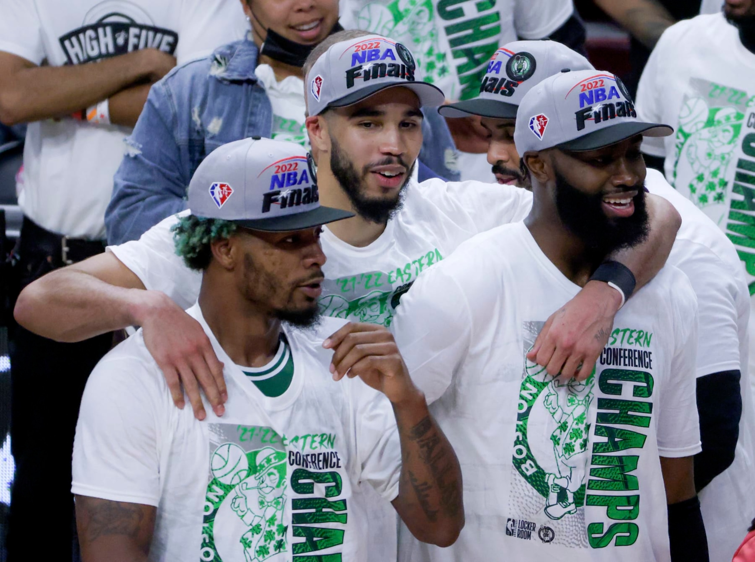 Miami - May 29: Boston Celtics Marcus Smart, Jayson Tatum, and  Jaylen Brown (7) after they defeated the Miami Heat 100-96. The Boston Celtics visit the Miami Heat for game 7 of the NBA Eastern Conference Finals at FTX Arena in Miami, FL on May 29, 2022. (Photo by Matthew J. Lee/The Boston Globe via Getty Images)