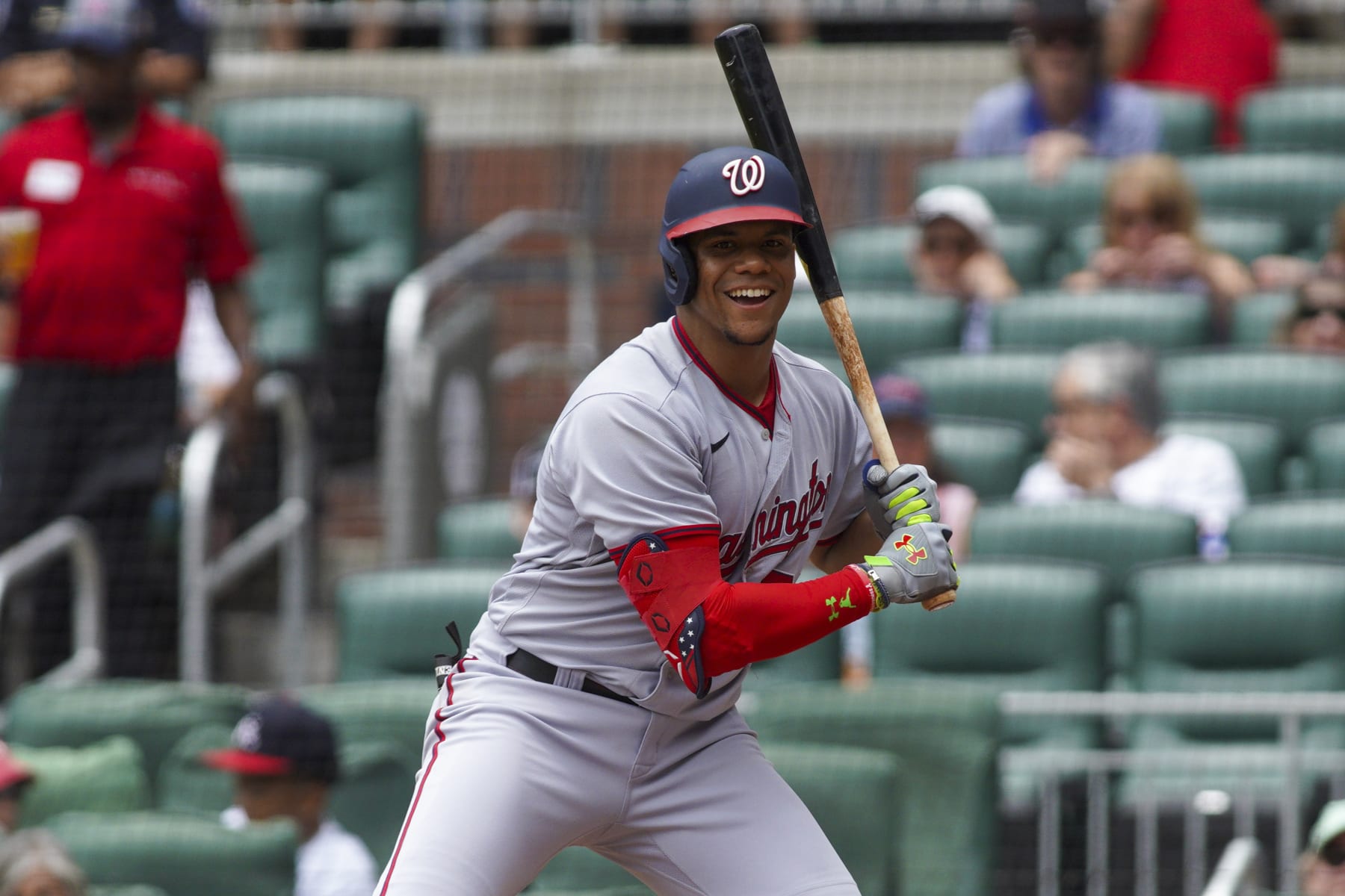 ATLANTA, GA - JULY 10: Juan Soto #22 of the Washington Nationals bats against the Atlanta Braves in the first inning at Truist Park on July 10, 2022 in Atlanta, Georgia. (Photo by Brett Davis/Getty Images)