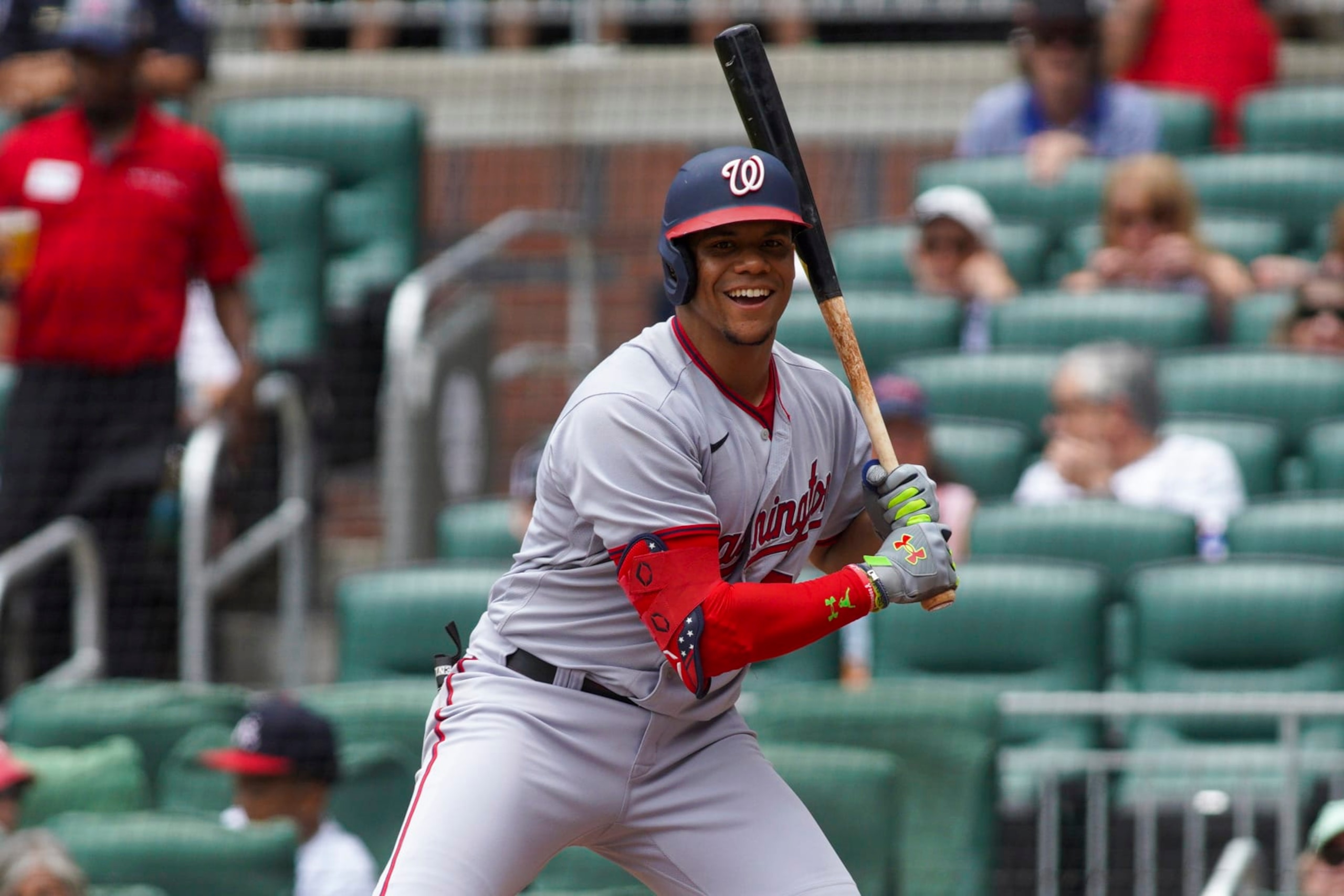 ATLANTA, GA - JULY 10: Juan Soto #22 of the Washington Nationals bats against the Atlanta Braves in the first inning at Truist Park on July 10, 2022 in Atlanta, Georgia. (Photo by Brett Davis/Getty Images)