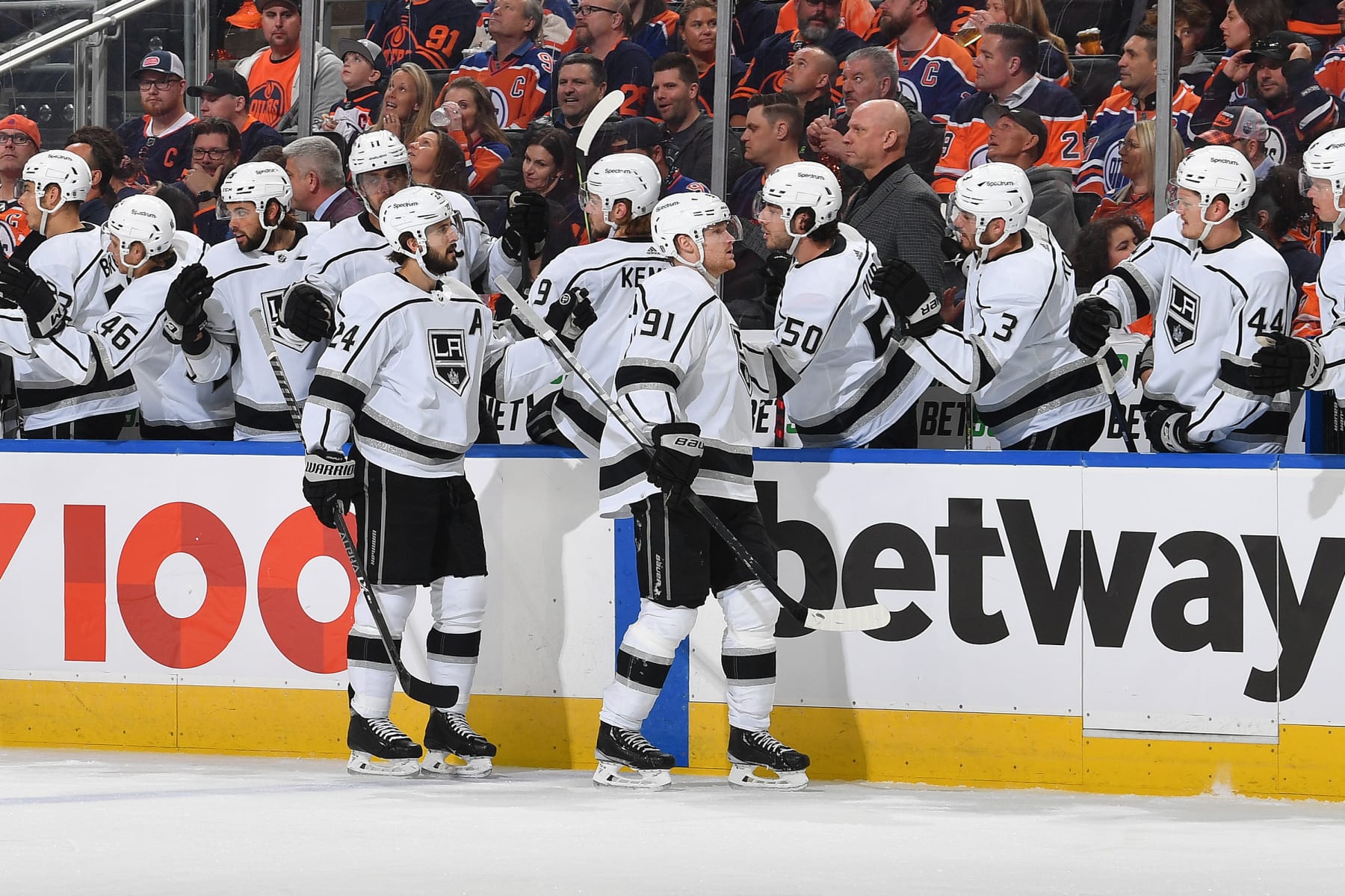 EDMONTON, AB - MAY 10: Phillip Danault #24 and Carl Grundstrom #91 of the Los Angeles Kings celebrate after a goal during Game Five of the First Round of the 2022 Stanley Cup Playoffs against the Edmonton Oilers on May 10, 2022 at Rogers Place in Edmonton, Alberta, Canada. (Photo by Andy Devlin/NHLI via Getty Images)
