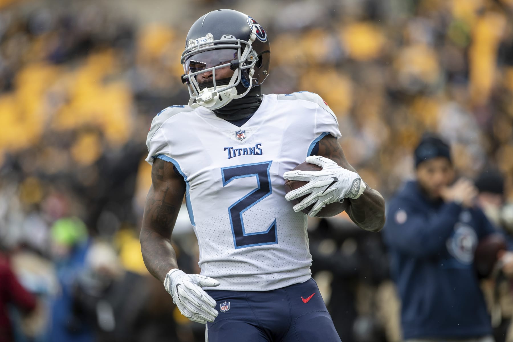 Tennessee Titans wide receiver Julio Jones (2) warms up before an NFL football game, Sunday, December 19, 2021 in Pittsburgh. (AP Photo/Matt Durisko)