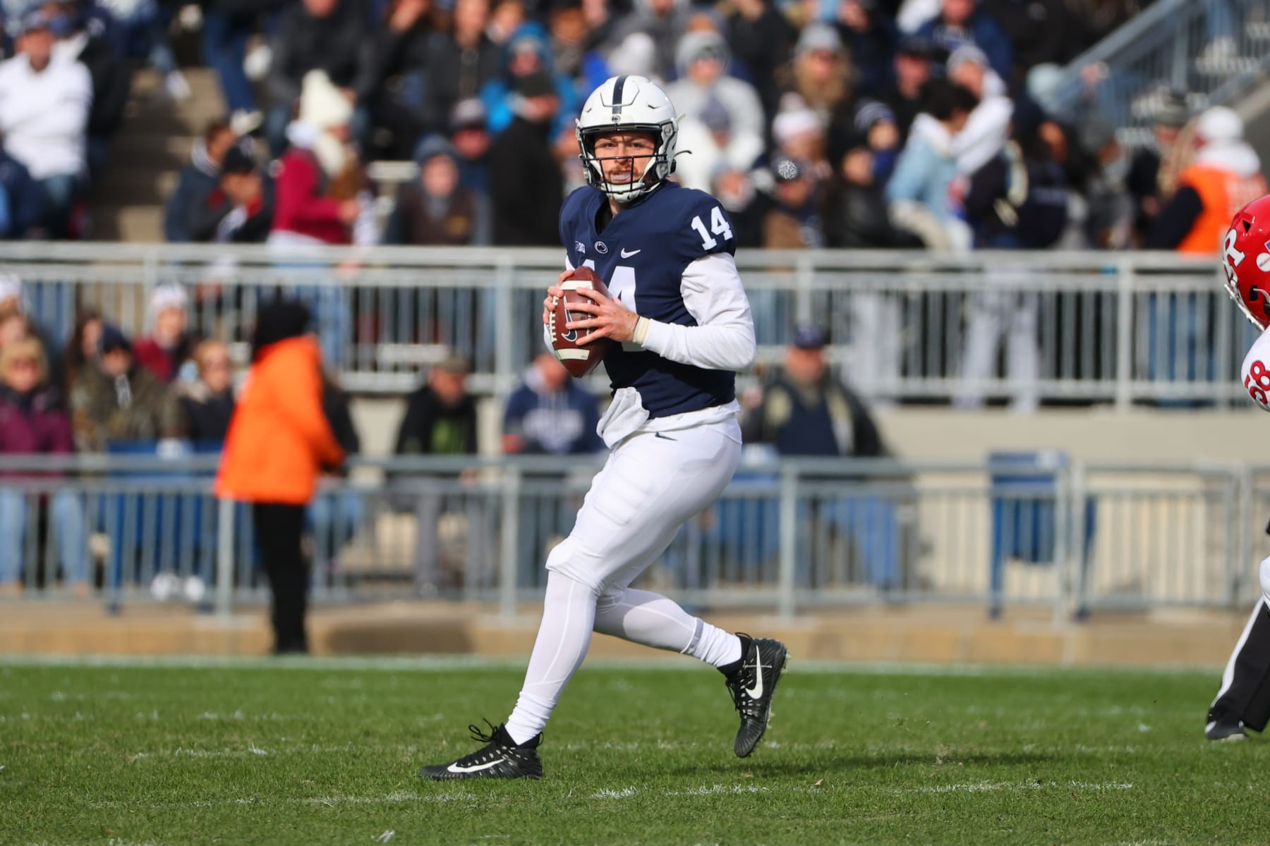 UNIVERSITY PARK, PA - NOVEMBER 20:  Penn State Nittany Lions quarterback Sean Clifford (14) during the college football game between the Penn State Nittany Lions and the Rutgers Scarlet Knights on November 20, 2021 at Beaver Stadium in University Park,PA.  (Photo by Rich Graessle/Icon Sportswire via Getty Images)