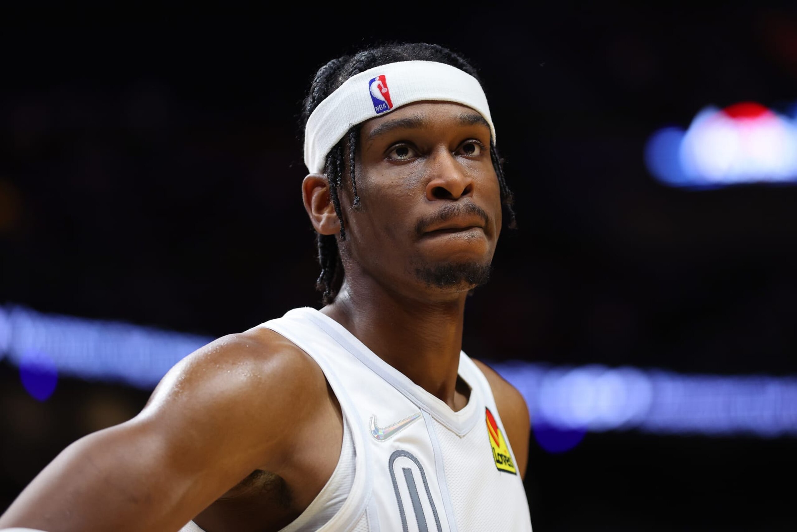 MIAMI, FLORIDA - MARCH 18: Shai Gilgeous-Alexander #2 of the Oklahoma City Thunder looks on against the Miami Heat during the second half at FTX Arena on March 18, 2022 in Miami, Florida. NOTE TO USER: User expressly acknowledges and agrees that, by downloading and or using this photograph, User is consenting to the terms and conditions of the Getty Images License Agreement. (Photo by Michael Reaves/Getty Images)