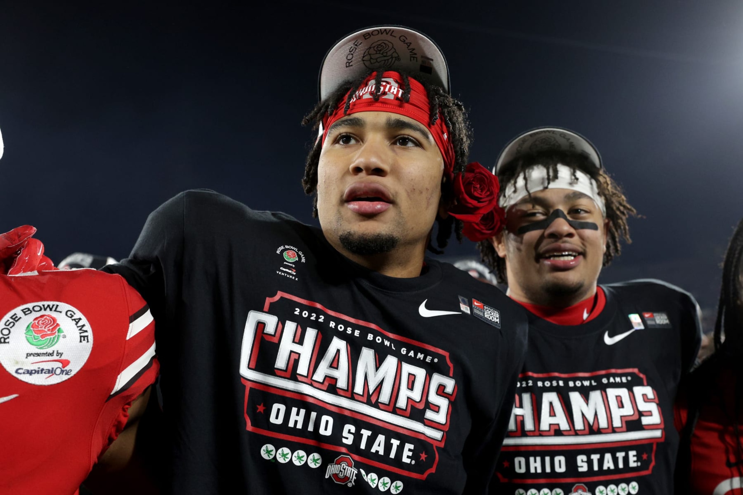 PASADENA, CALIFORNIA - JANUARY 01: C.J. Stroud #7 of the Ohio State Buckeyes and Jaxon Smith-Njigba #11 of the Ohio State Buckeyes celebrate after defeating the Utah Utes 48-45 in the Rose Bowl Game at Rose Bowl Stadium on January 01, 2022 in Pasadena, California. (Photo by Harry How/Getty Images) PASADENA, CALIFORNIA - JANUARY 01: C.J. Stroud #7 of the Ohio State Buckeyes and Jaxon Smith-Njigba #11 of the Ohio State Buckeyes celebrate after defeating the Utah Utes 48-45 in the Rose Bowl Game at Rose Bowl Stadium on January 01, 2022 in Pasadena, California. (Photo by Harry How/Getty Images)