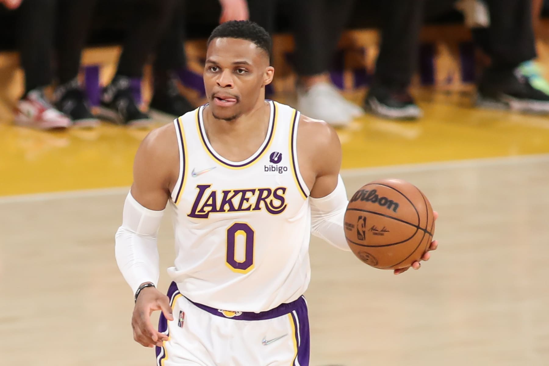 LOS ANGELES, CA - APRIL 03: Los Angeles Lakers guard Russell Westbrook (0) during the Denver Nuggets vs Los Angeles Lakers game on April 03, 2022, at Crypto.com Arena in Los Angeles, CA. (Photo by Jevone Moore/Icon Sportswire via Getty Images)