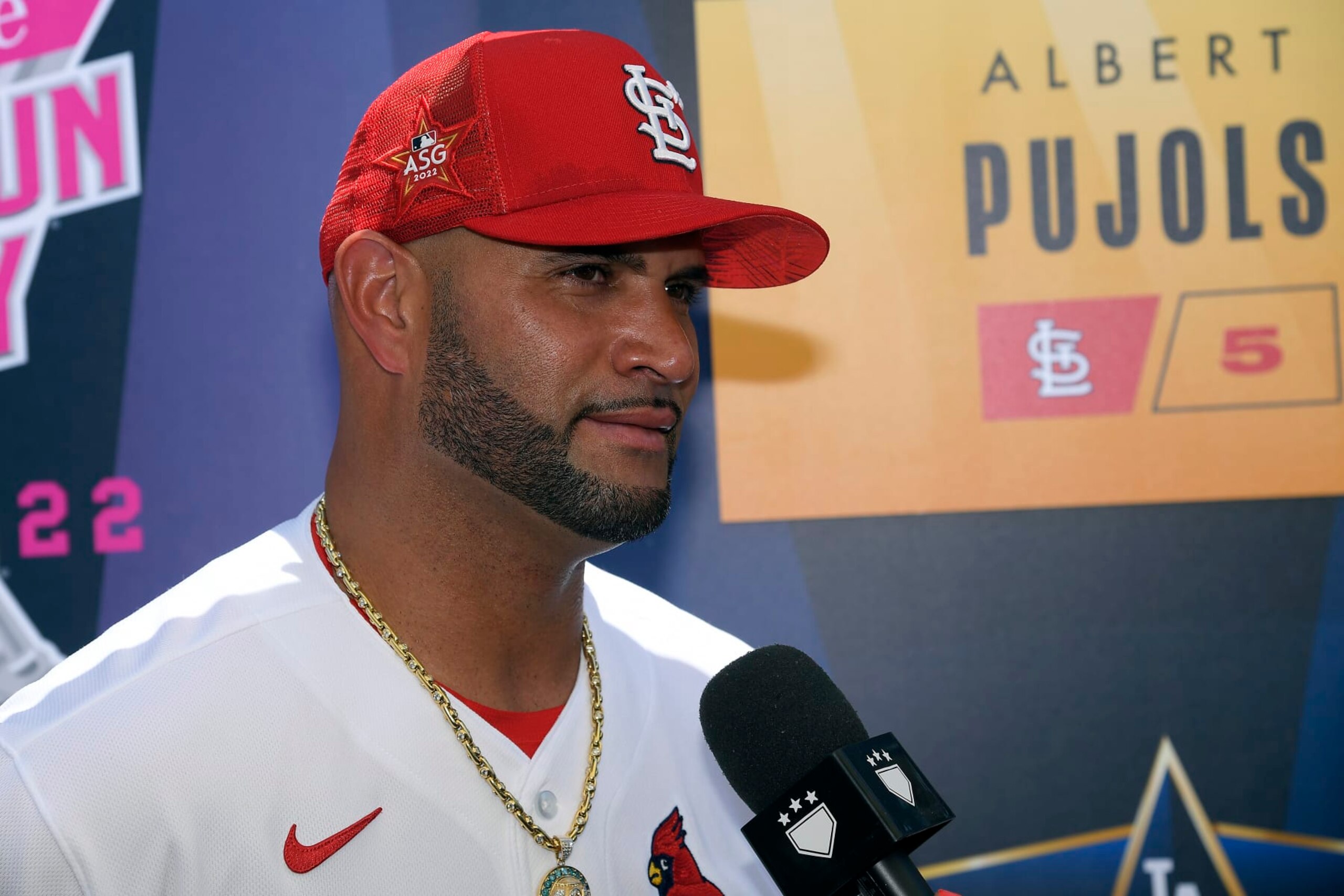 LOS ANGELES, CALIFORNIA - JULY 18: National League All-Star Albert Pujols #5 of the St. Louis Cardinals talks with the media  during the 2022 Gatorade All-Star Workout Day at Dodger Stadium on July 18, 2022 in Los Angeles, California. (Photo by Kevork Djansezian/Getty Images)