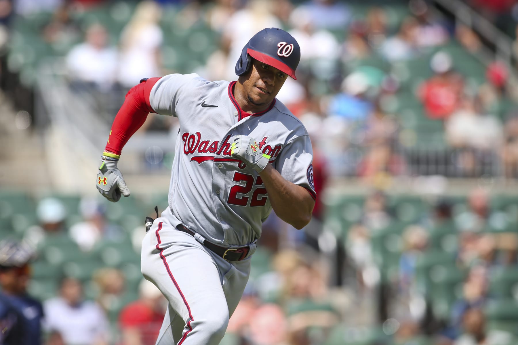 ATLANTA, GA - JULY 10: Juan Soto #22 of the Washington Nationals runs to third against the Atlanta Braves in the eighth inning at Truist Park on July 10, 2022 in Atlanta, Georgia. (Photo by Brett Davis/Getty Images)
