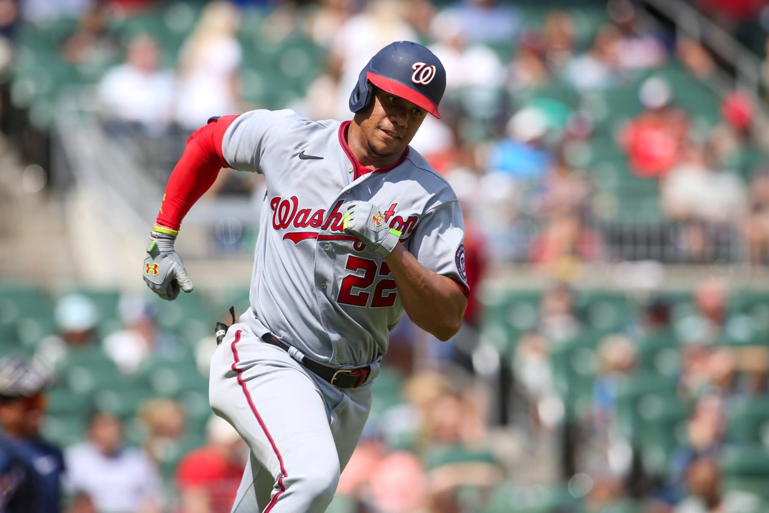ATLANTA, GA - JULY 10: Juan Soto #22 of the Washington Nationals runs to third against the Atlanta Braves in the eighth inning at Truist Park on July 10, 2022 in Atlanta, Georgia. (Photo by Brett Davis/Getty Images)