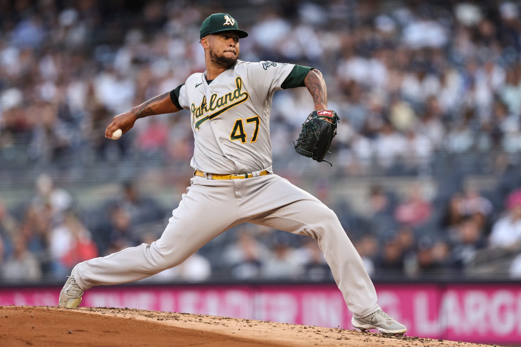 NEW YORK, NEW YORK - JUNE 28: Frankie Montas #47 of the Oakland Athletics throws a pitch during the first inning of the game against the New York Yankees at Yankee Stadium on June 28, 2022 in New York City. (Photo by Dustin Satloff/Getty Images)