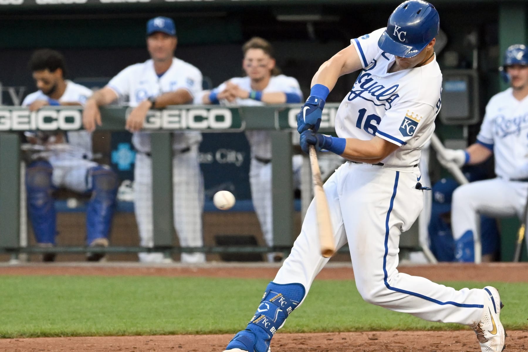 KANSAS CITY, MO - JULY  12: Kansas City Royals left fielder Andrew Benintendi (16) bats during a MLB game between the Detroit Tigers and the Kansas City Royals on July 12, 2022, at Kauffman Stadium, Kansas City, MO. Photo by Keith Gillett/Icon Sportswire via Getty Images),