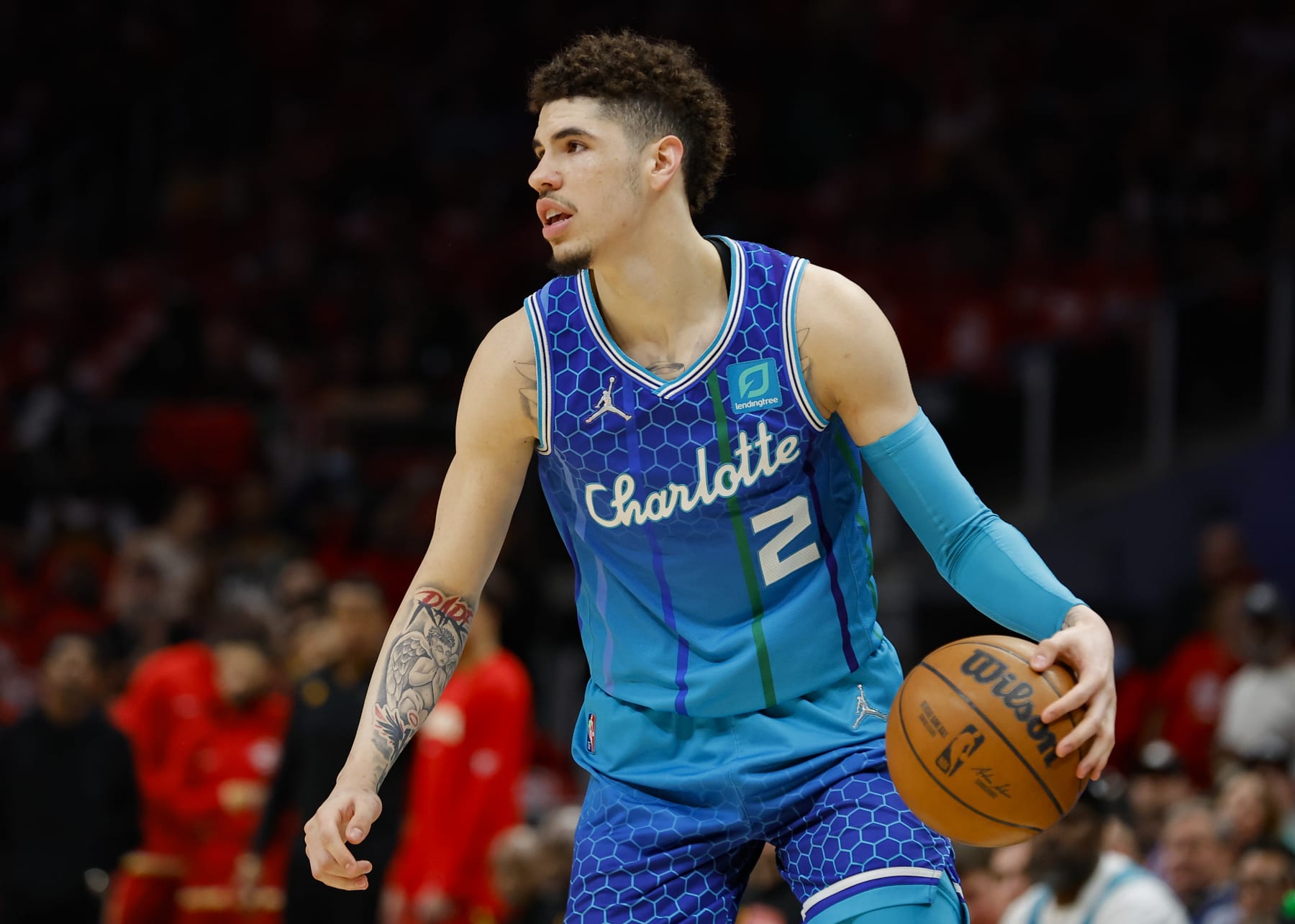 ATLANTA, GA - APRIL 13: LaMelo Ball #2 of the Charlotte Hornets during the first half against the Atlanta Hawks at State Farm Arena on April 13, 2022 in Atlanta, Georgia. NOTE TO USER: User expressly acknowledges and agrees that, by downloading and or using this photograph, User is consenting to the terms and conditions of the Getty Images License Agreement. (Photo by Todd Kirkland/Getty Images)