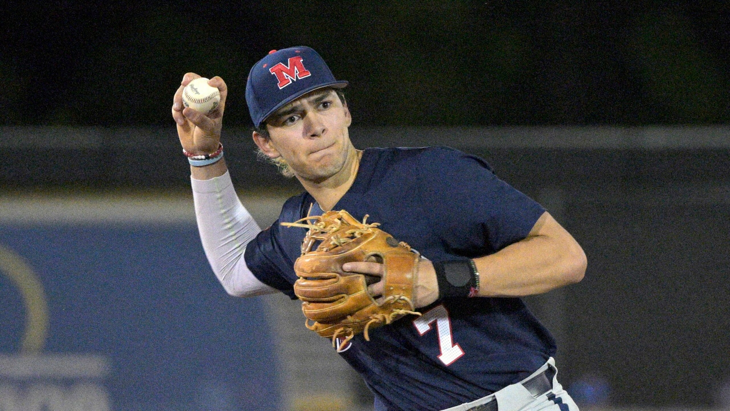 Mississippi infielder Jacob Gonzalez (7) during an NCAA baseball game against Central Florida on Friday, March 4, 2022, in Orlando, Fla. (AP Photo/Phelan M. Ebenhack)
