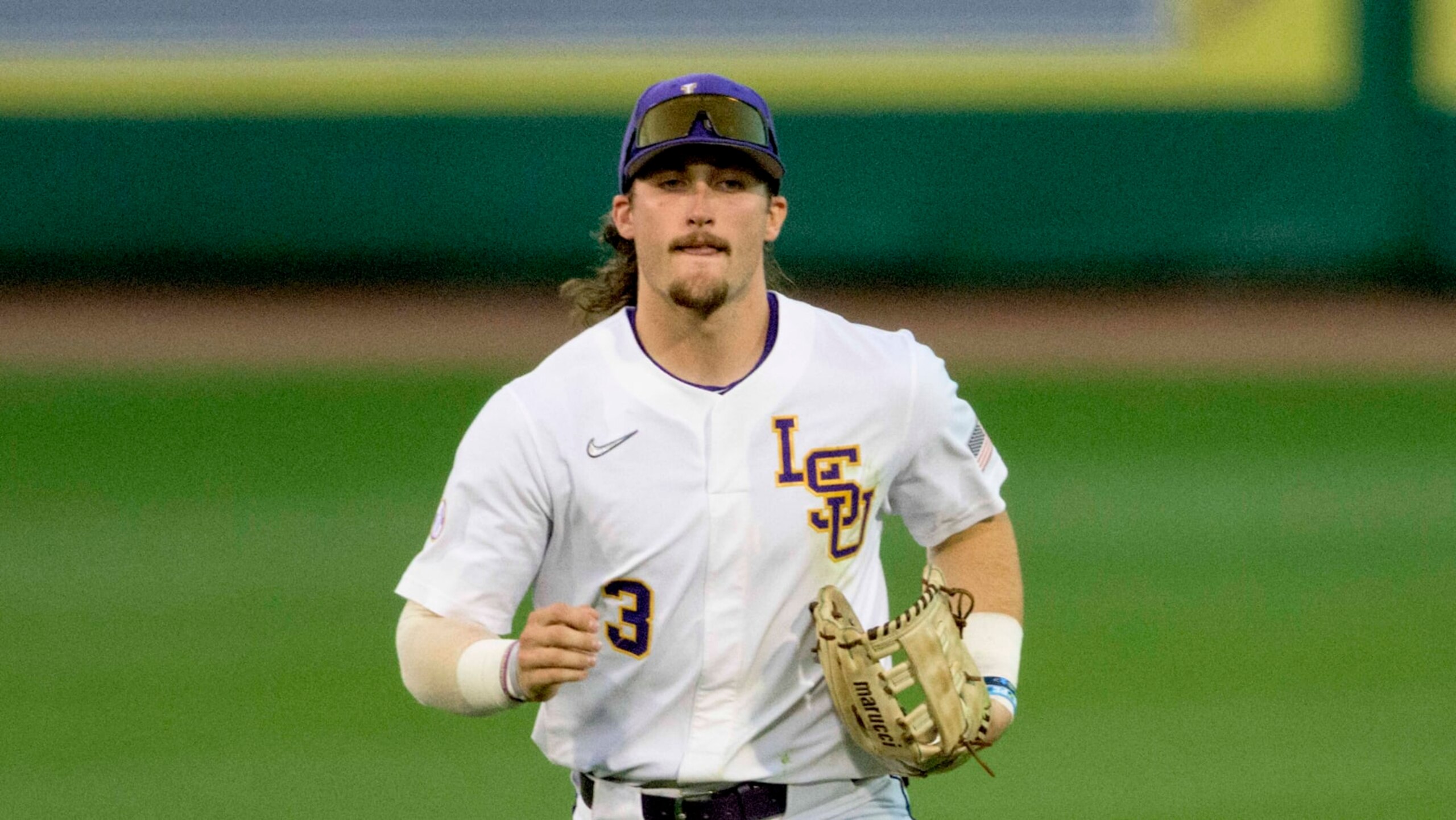 LSU outfielder Dylan Crews (3) runs during an NCAA baseball game against Louisiana-Monroe on Tuesday, March 29, 2022, in Baton Rouge, La. (AP Photo/Matthew Hinton)
