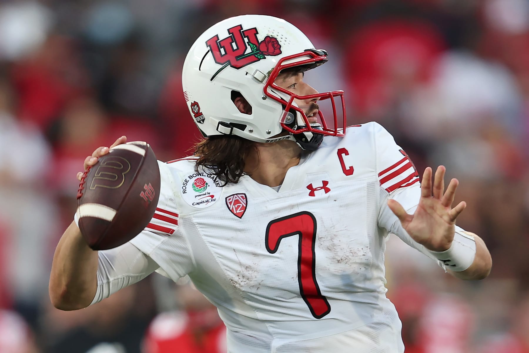 PASADENA, CALIFORNIA - JANUARY 01: Cameron Rising #7 of the Utah Utes throws a pass against the Ohio State Buckeyes during the third quarter in the Rose Bowl Game at Rose Bowl Stadium on January 01, 2022 in Pasadena, California. (Photo by Sean M. Haffey/Getty Images)