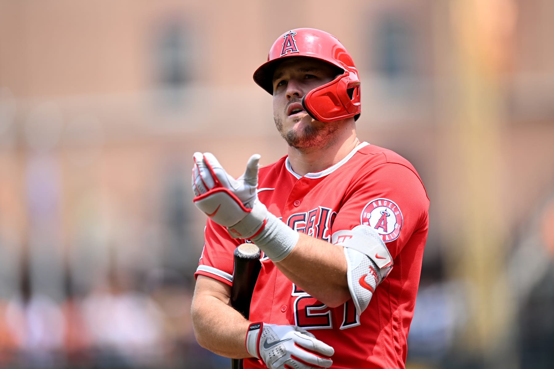 BALTIMORE, MARYLAND - JULY 10: Mike Trout #27 of the Los Angeles Angels bats against the Baltimore Orioles at Oriole Park at Camden Yards on July 10, 2022 in Baltimore, Maryland. (Photo by G Fiume/Getty Images)