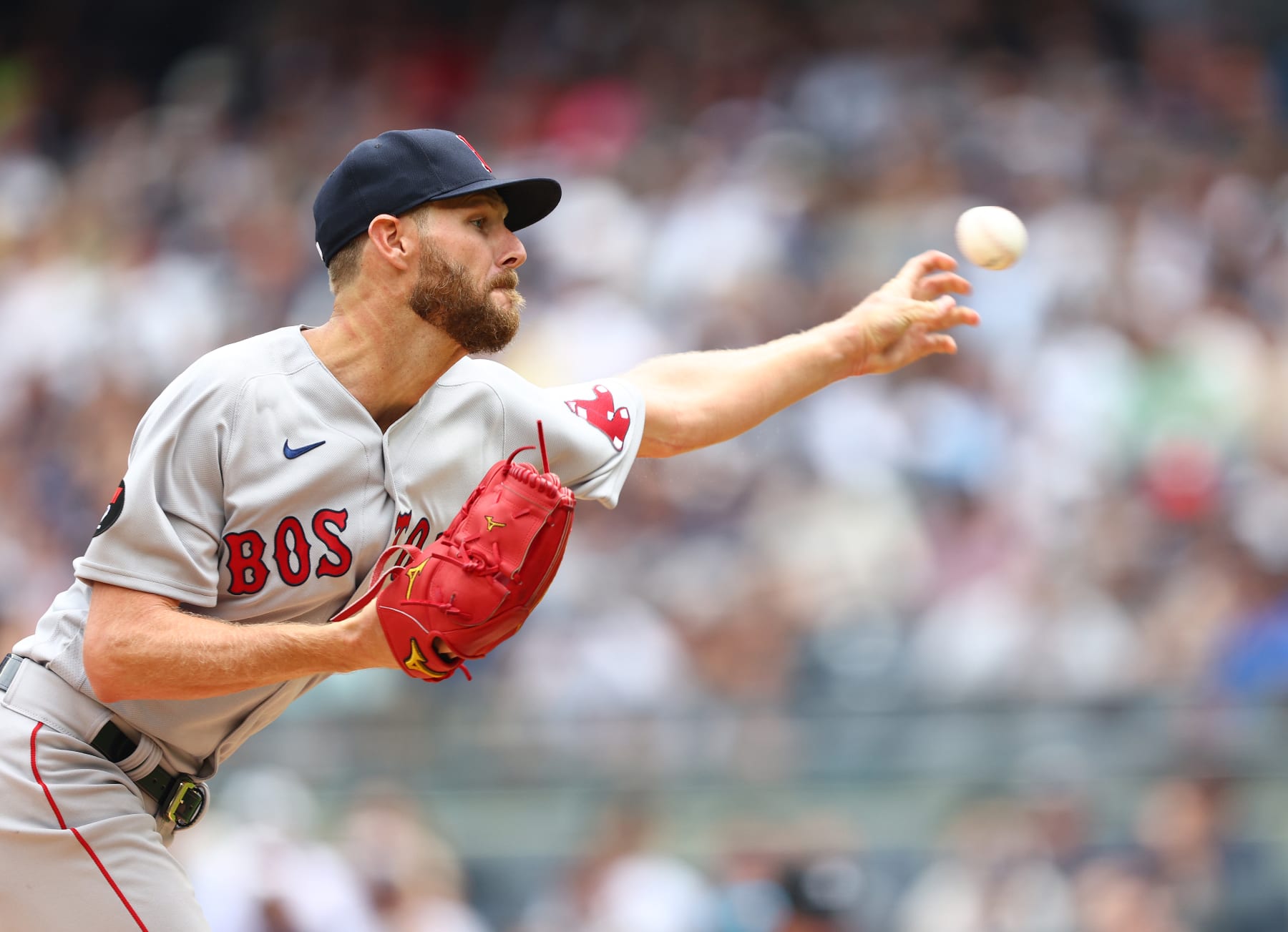 NEW YORK, NEW YORK - JULY 17:  Chris Sale #41 of the Boston Red Sox delivers a pitch in the first inning against the New York Yankees at Yankee Stadium on July 17, 2022 in the Bronx borough of New York City. (Photo by Elsa/Getty Images)