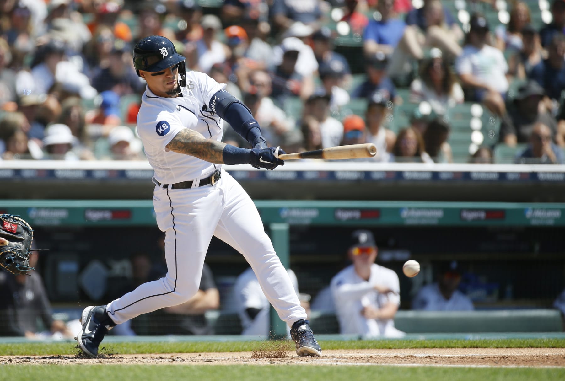 DETROIT, MI -  JULY 3:  Javier Baez #28 of the Detroit Tigers hits a single against the Kansas City Royals during the first inning at Comerica Park on July 3, 2022, in Detroit, Michigan. (Photo by Duane Burleson/Getty Images)