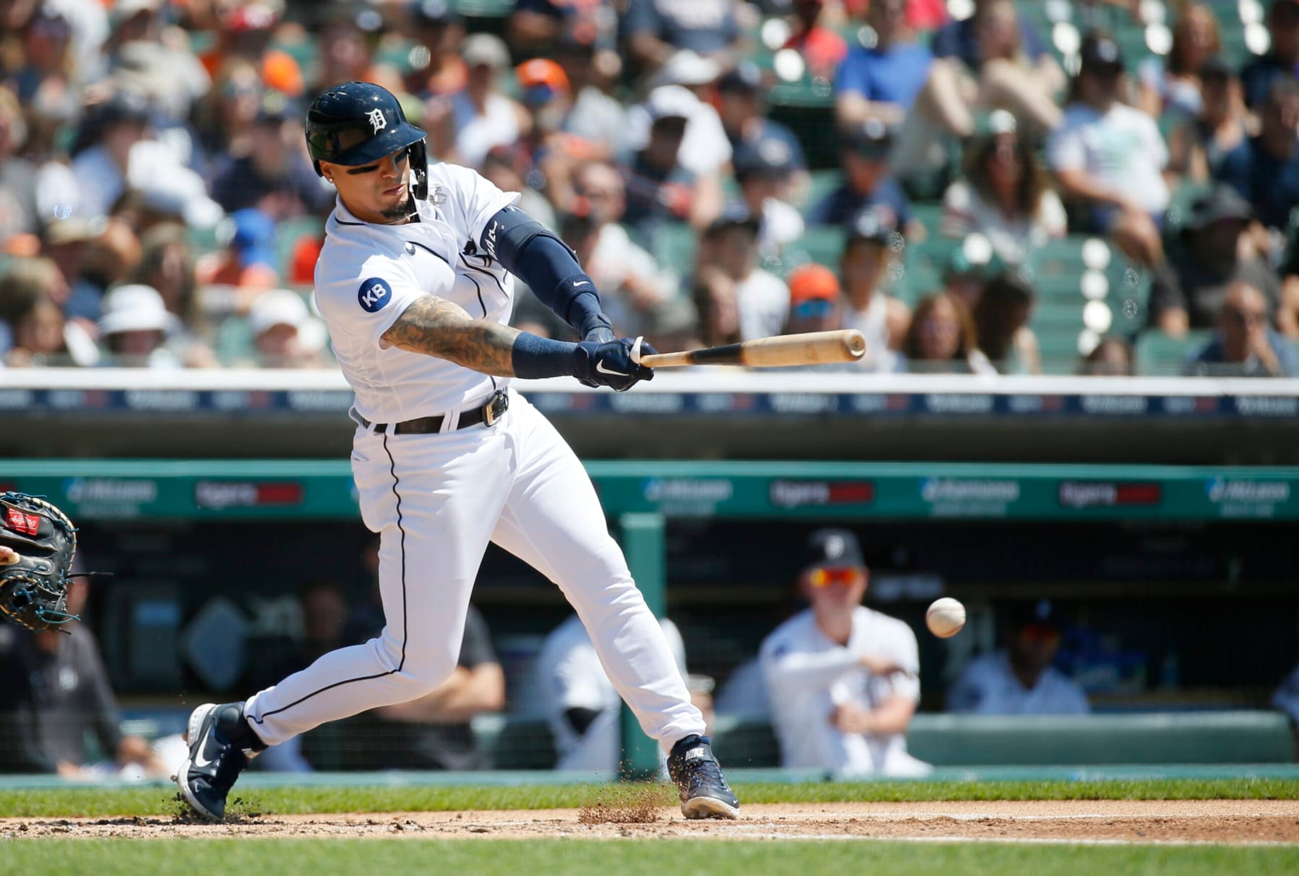 DETROIT, MI -  JULY 3:  Javier Baez #28 of the Detroit Tigers hits a single against the Kansas City Royals during the first inning at Comerica Park on July 3, 2022, in Detroit, Michigan. (Photo by Duane Burleson/Getty Images)