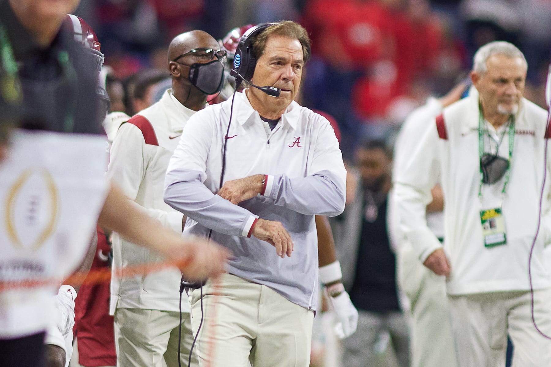 INDIANAPOLIS, IN - JANUARY 10: Alabama Crimson Tide head coach Nick Saban looks on during the Alabama Crimson Tide versus the Georgia Bulldogs in the College Football Playoff National Championship, on January 10, 2022, at Lucas Oil Stadium in Indianapolis, IN. (Photo by Robin Alam/Icon Sportswire via Getty Images)