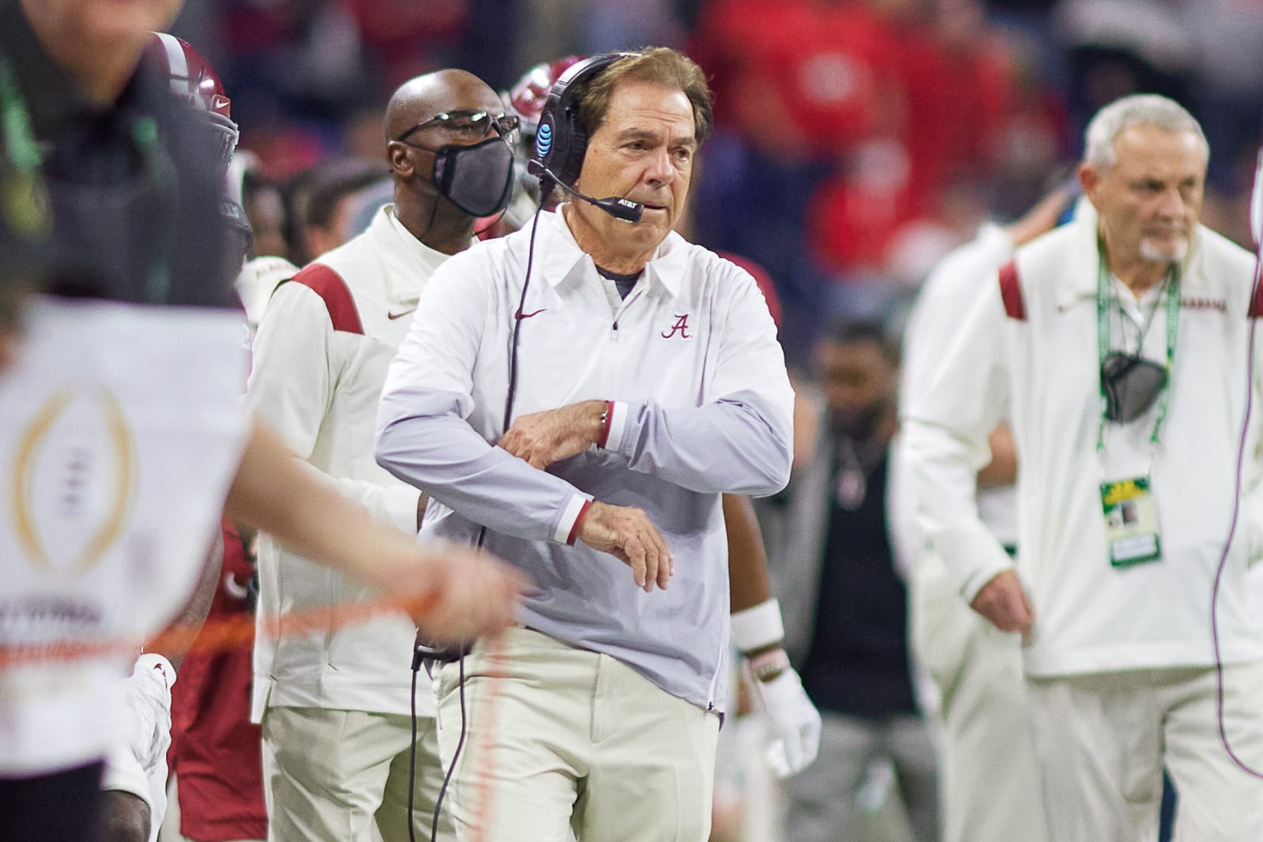 INDIANAPOLIS, IN - JANUARY 10: Alabama Crimson Tide head coach Nick Saban looks on during the Alabama Crimson Tide versus the Georgia Bulldogs in the College Football Playoff National Championship, on January 10, 2022, at Lucas Oil Stadium in Indianapolis, IN. (Photo by Robin Alam/Icon Sportswire via Getty Images)