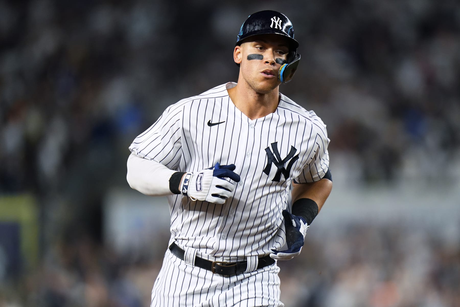 New York Yankees' Aaron Judge runs the bases after hitting a home run against the Boston Red Sox during the sixth inning of a baseball game Saturday, July 16, 2022, in New York. (AP Photo/Frank Franklin II)