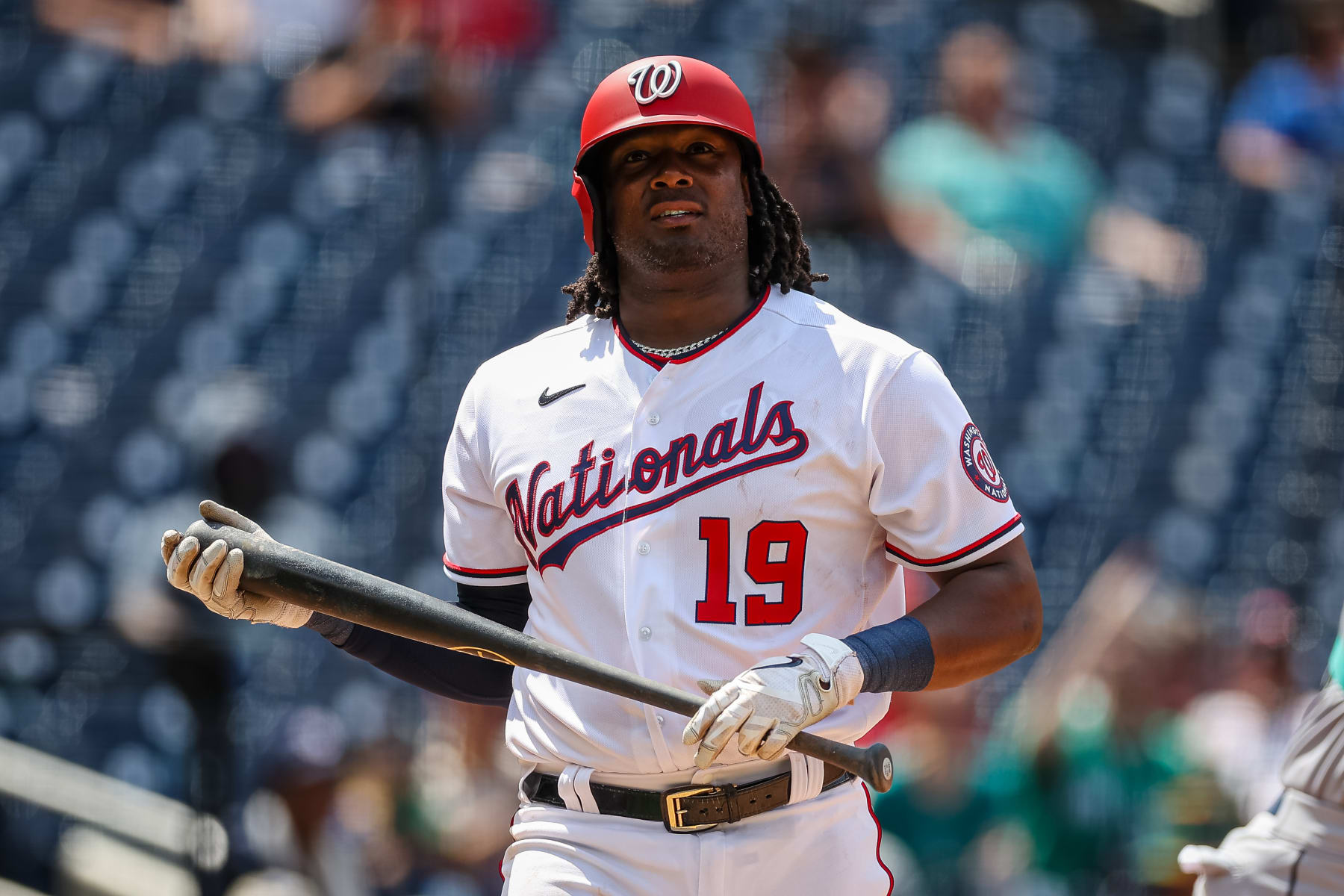 WASHINGTON, DC - JULY 13: Josh Bell #19 of the Washington Nationals looks on during the ninth inning of game one of a doubleheader against the Seattle Mariners at Nationals Park on July 13, 2022 in Washington, DC.  (Photo by Scott Taetsch/Getty Images)