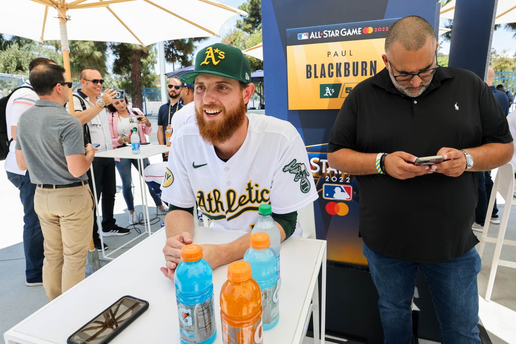 LOS ANGELES, CA - JULY 18:   Paul Blackburn #58 of the Oakland Athletics speaks with the media during the American League Media Availability at Dodger Stadium on Monday, July 18, 2022 in Los Angeles, California. (Photo by Rob Tringali/MLB Photos via Getty Images)
